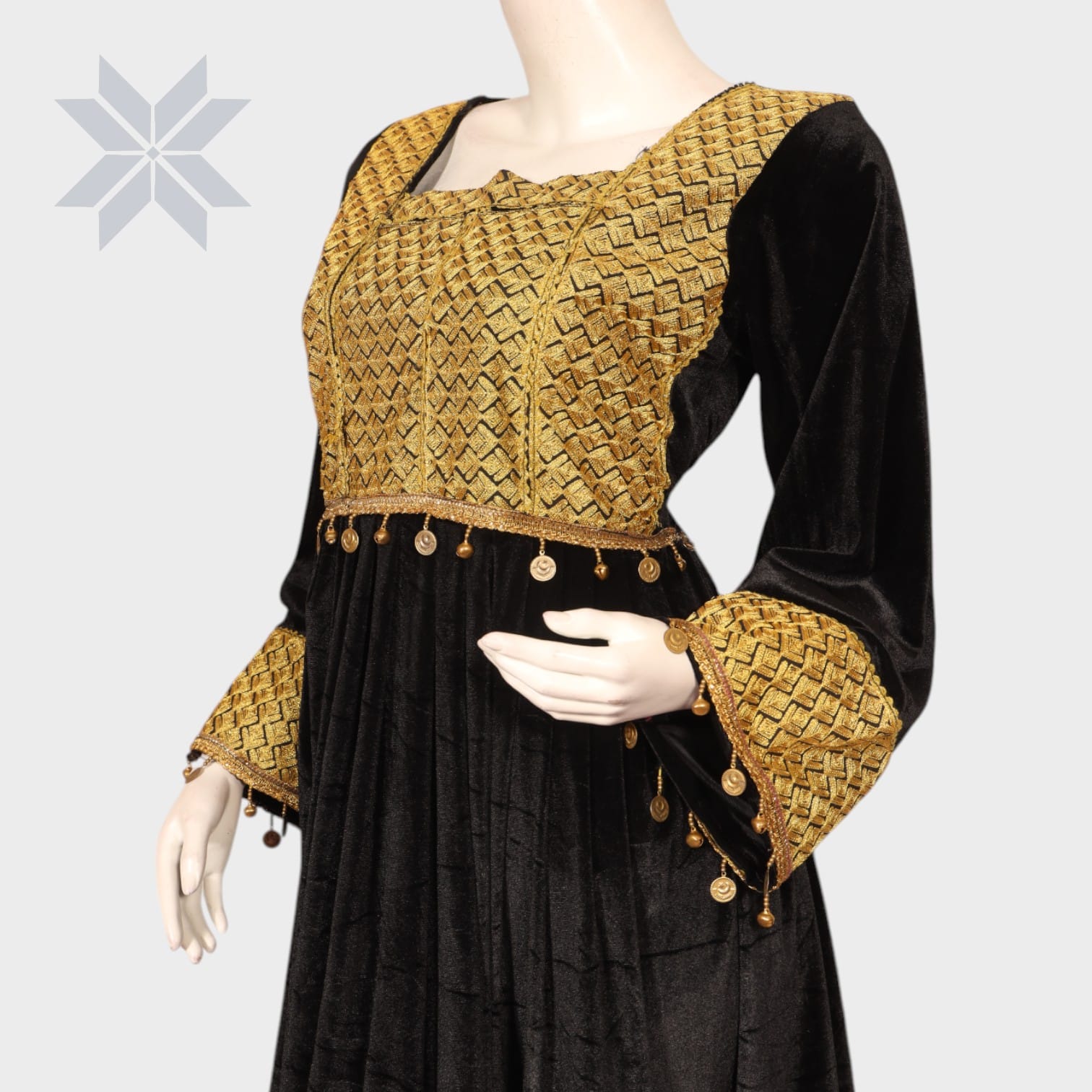 Sheenay Velvet Dress – Black & Gold Elegance