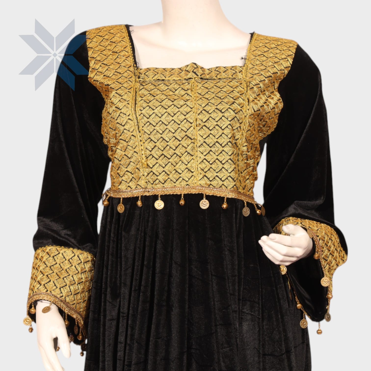Sheenay Velvet Dress – Black & Gold Elegance