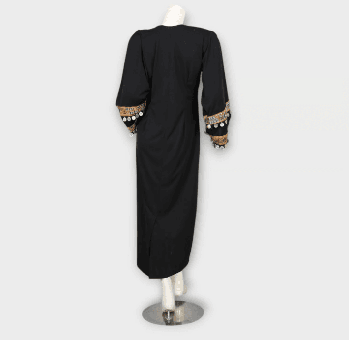 Black Traditional Afghani Dress with Colorful Embroidery and Coin Detailing