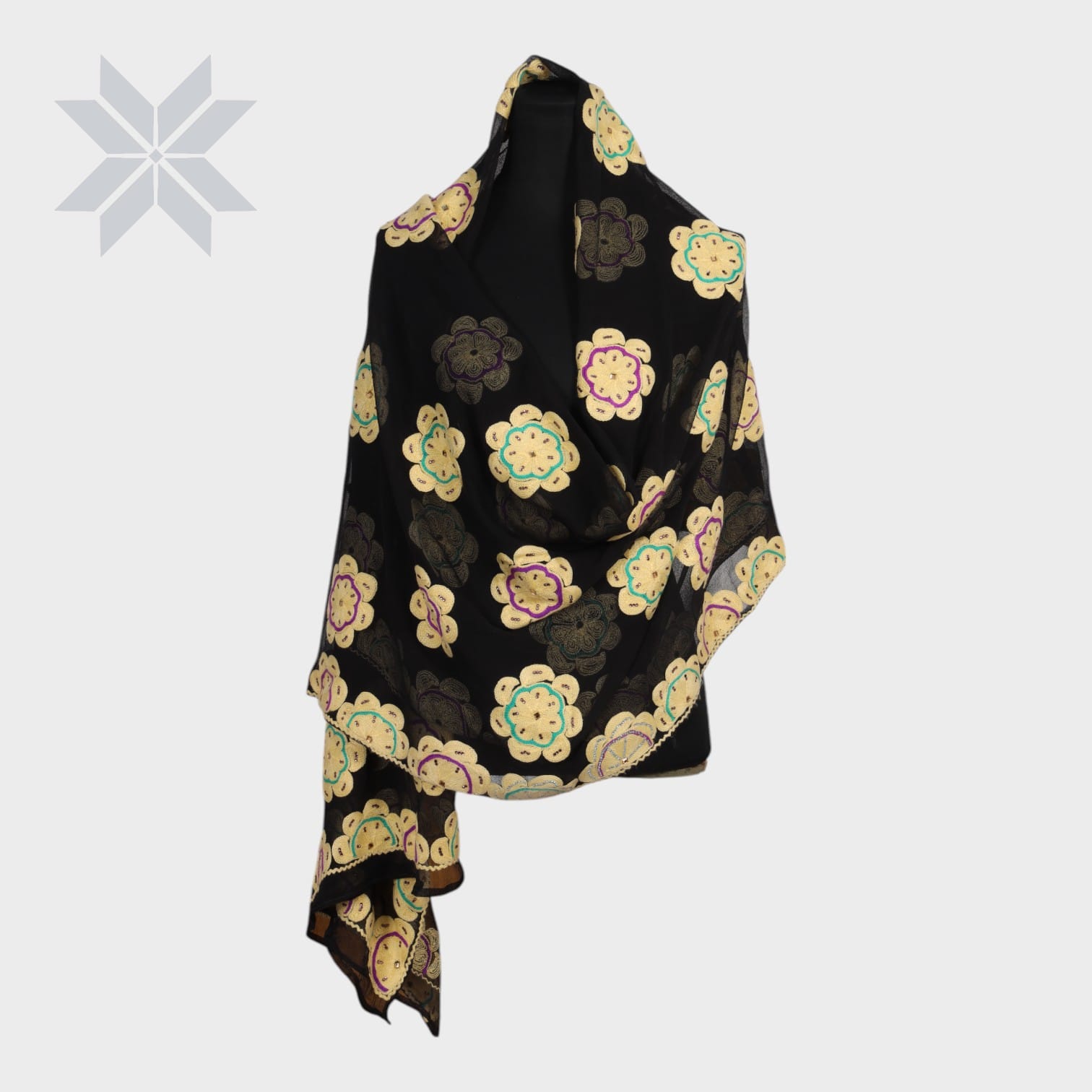 Midnight Bloom Embroidered Shawl