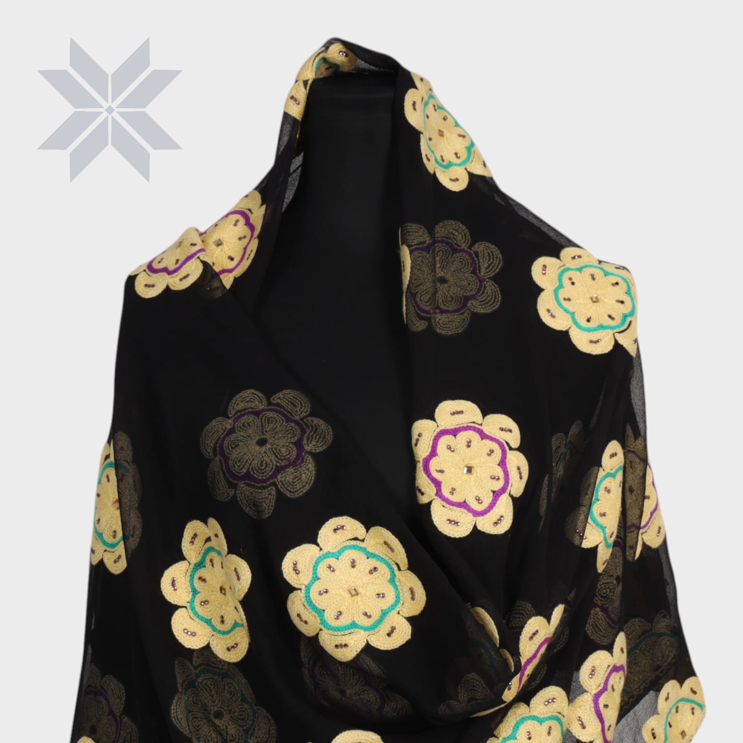 Midnight Bloom Embroidered Shawl