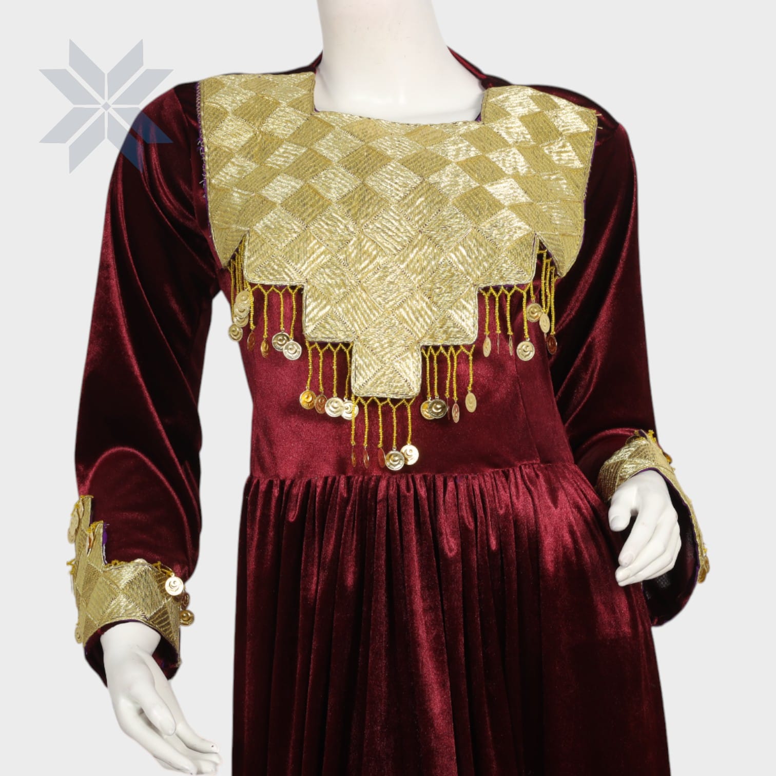 Golden Crest Maroon Velvet Dress