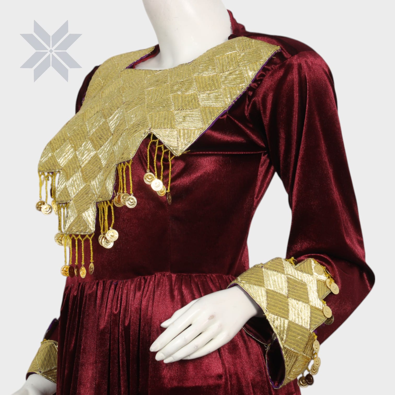 Golden Crest Maroon Velvet Dress