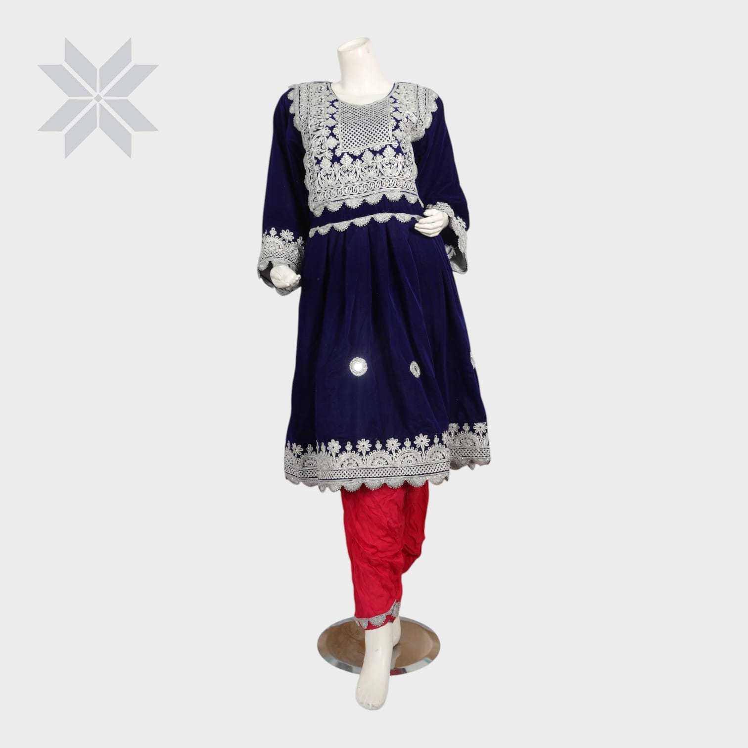 Midnight Blue Afghani Embroidered Set with Crimson Salwar