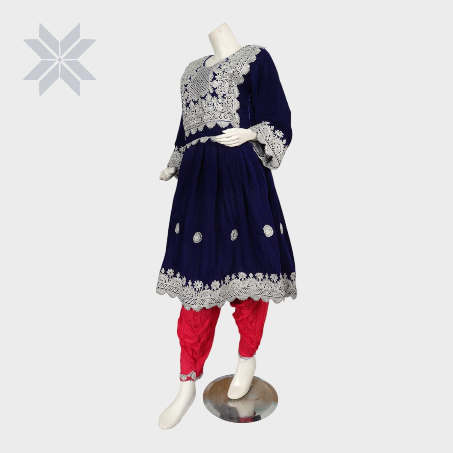 Midnight Blue Afghani Embroidered Set with Crimson Salwar