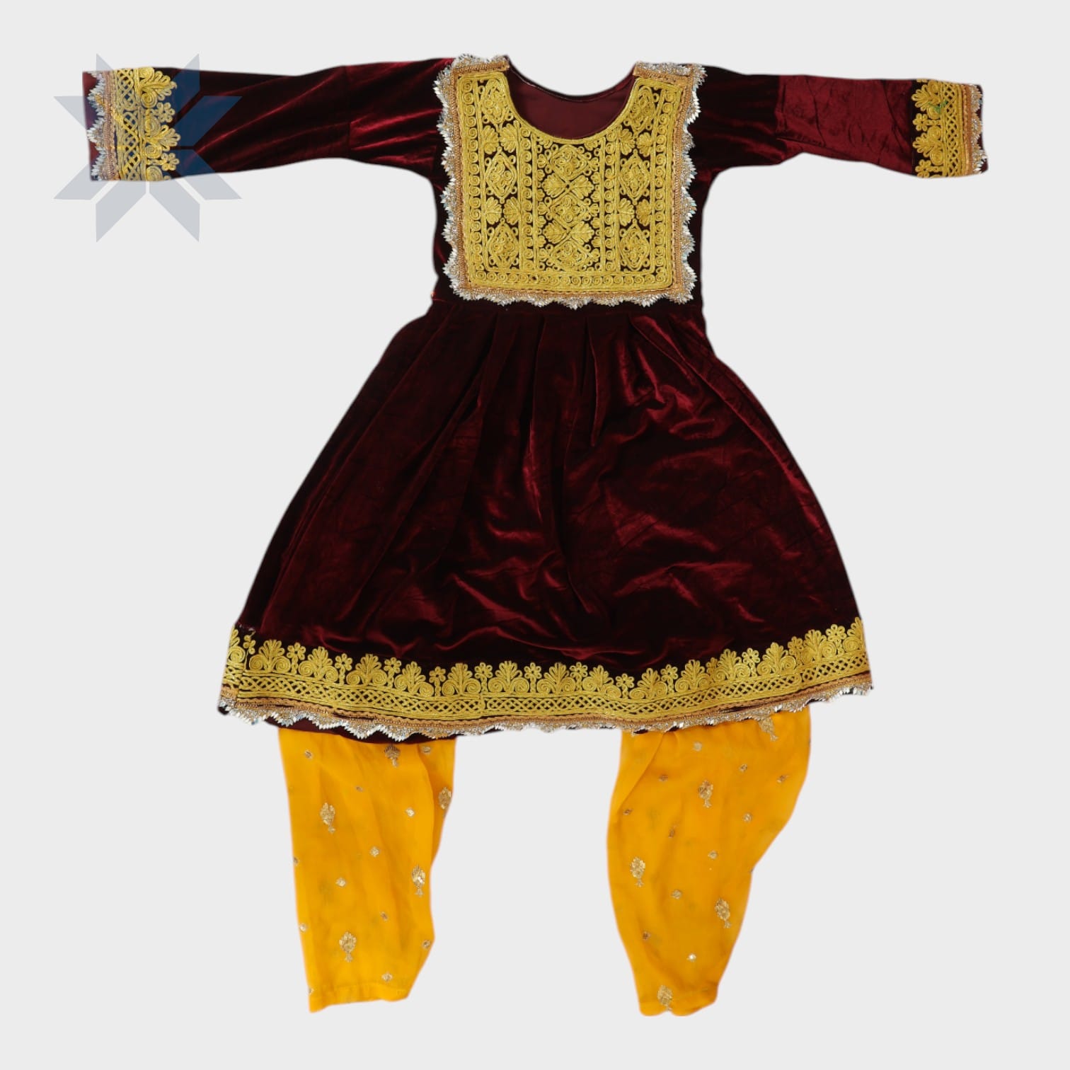 Royal Garnet Afghani Velvet Suit with Golden Embroidery