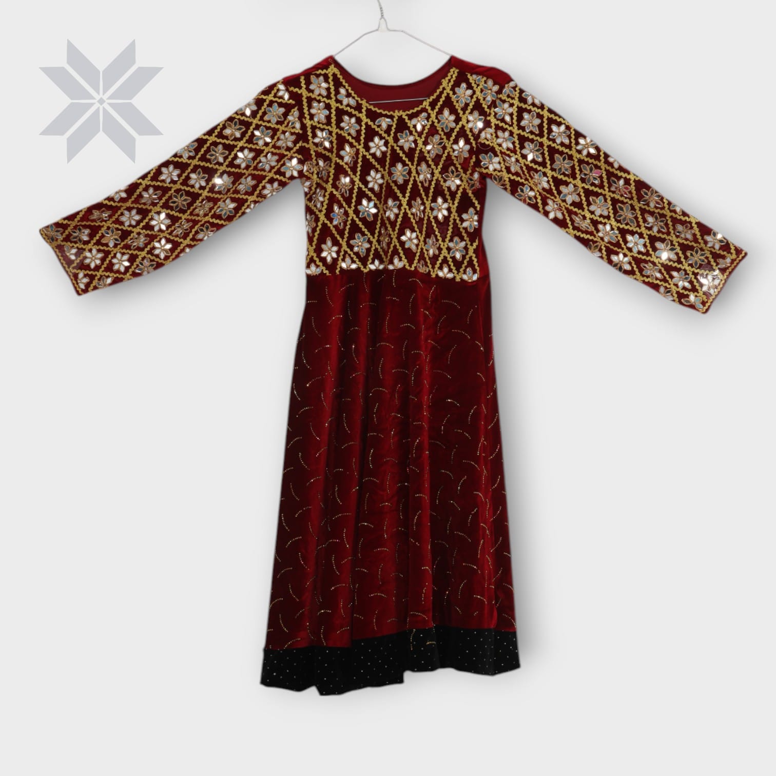 Crimson Bloom Velvet Dress with Mirror Embroidery