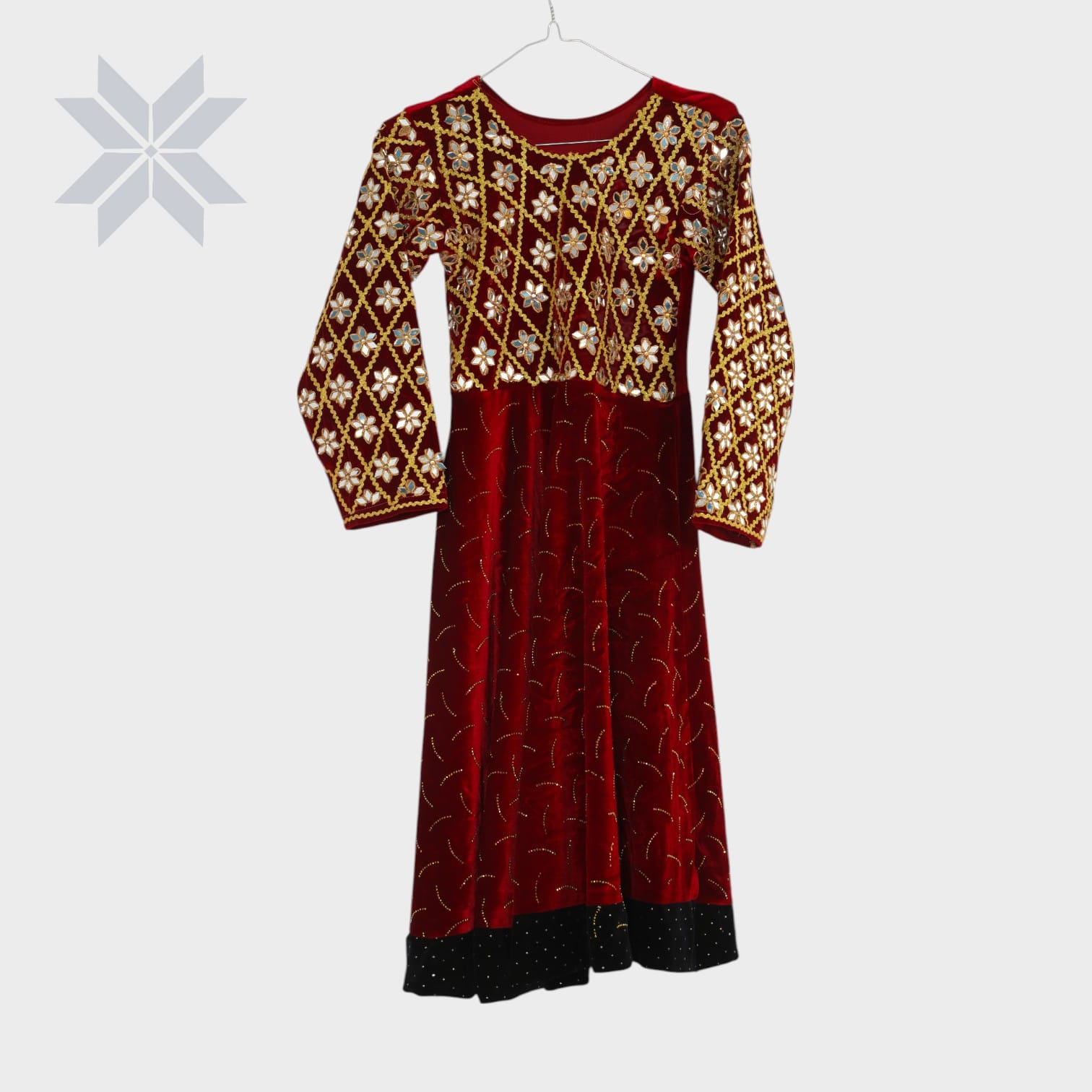 Crimson Bloom Velvet Dress with Mirror Embroidery