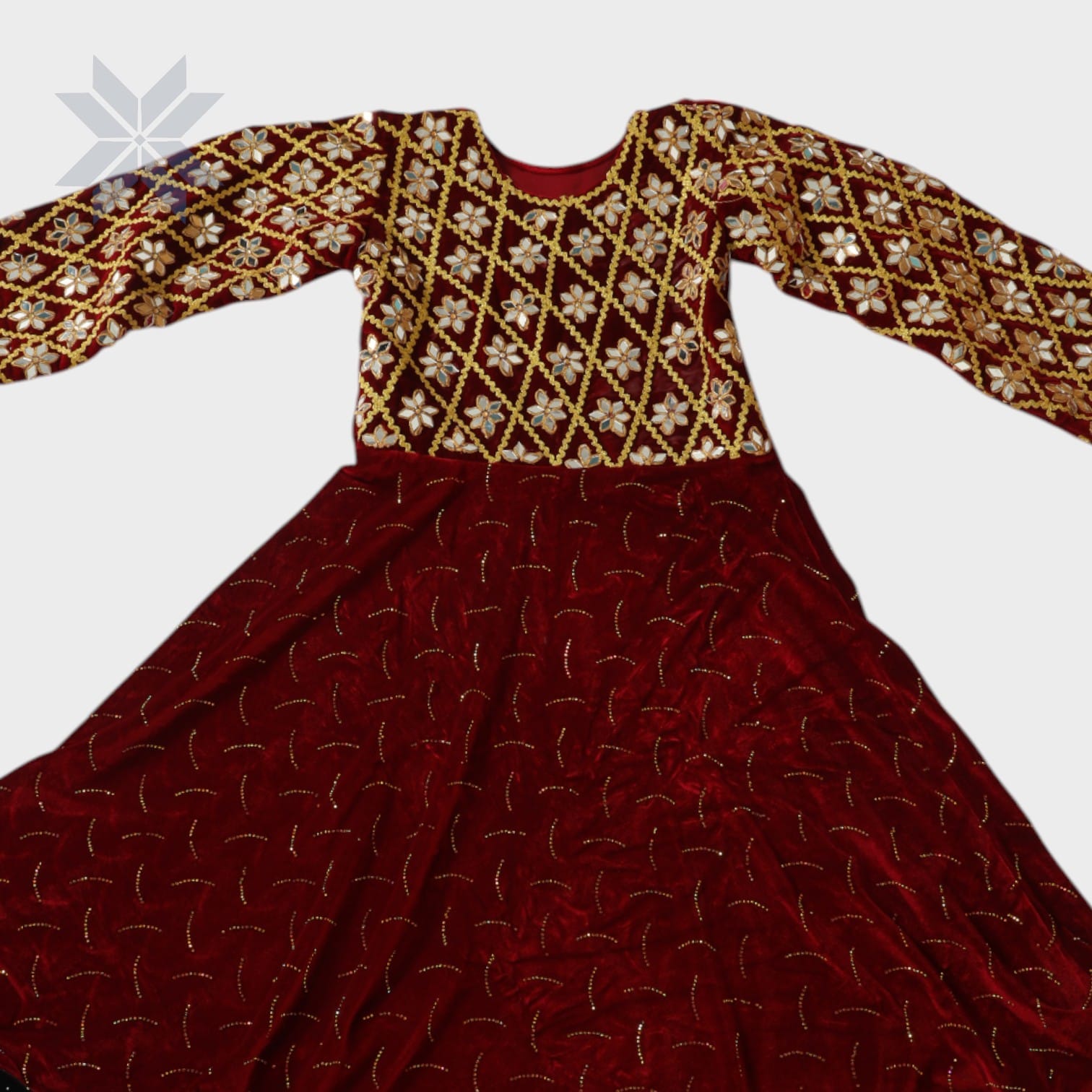 Crimson Bloom Velvet Dress with Mirror Embroidery