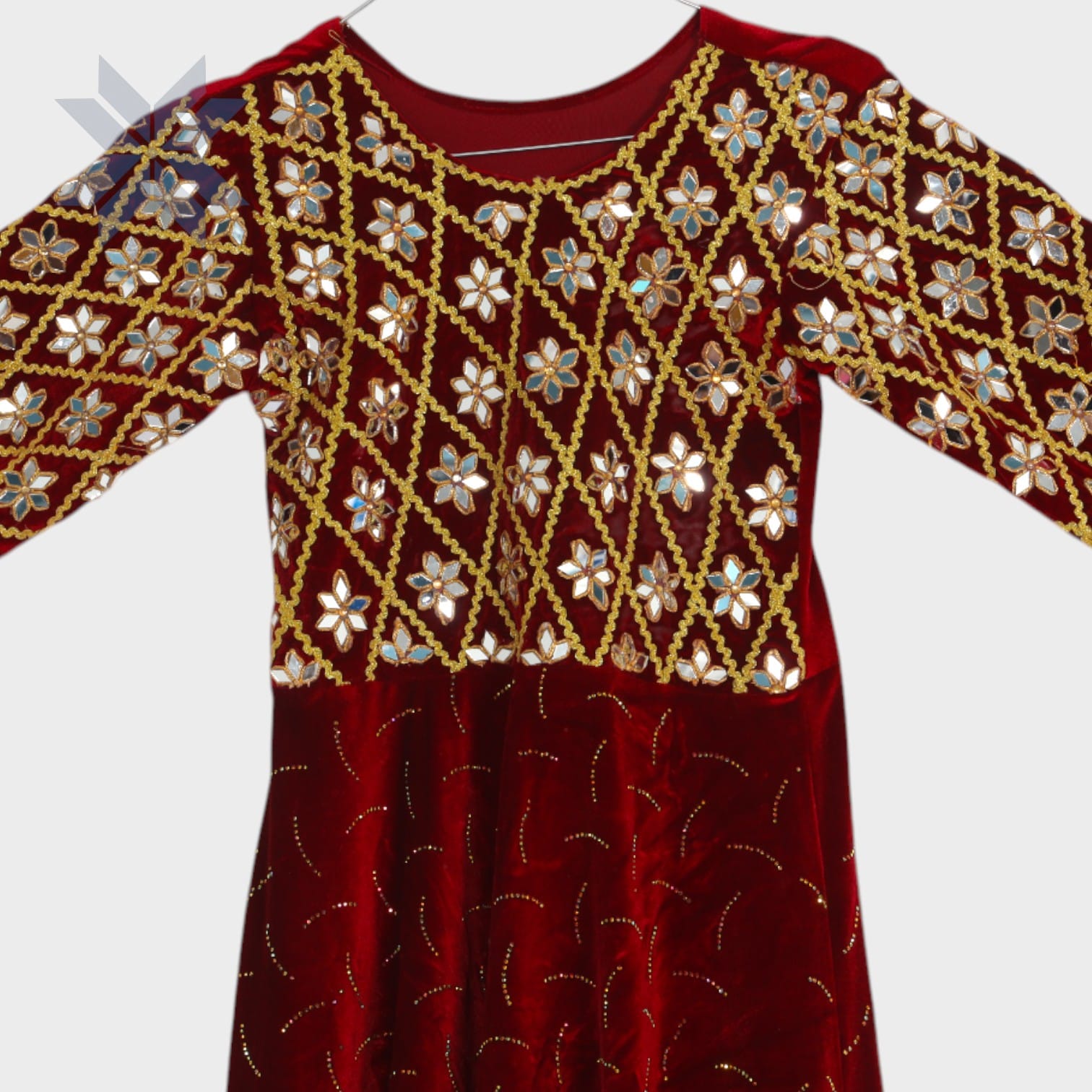 Crimson Bloom Velvet Dress with Mirror Embroidery