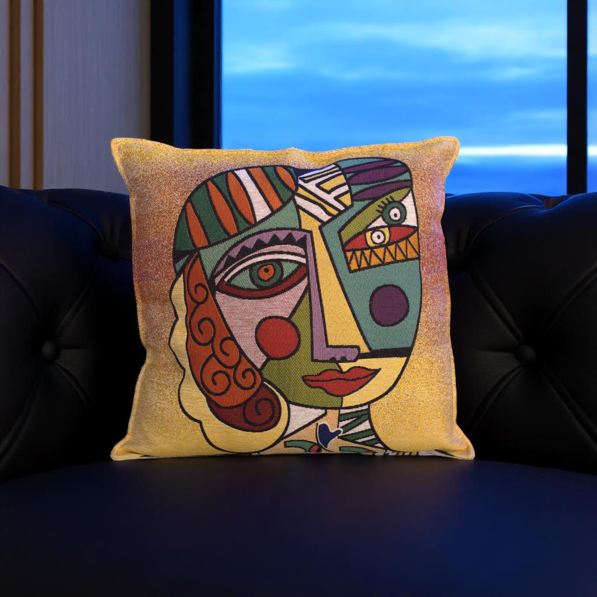 Modern Abstract Face Decorative Throw Pillow Cover, Artistic Embroidered Design, Multicolor