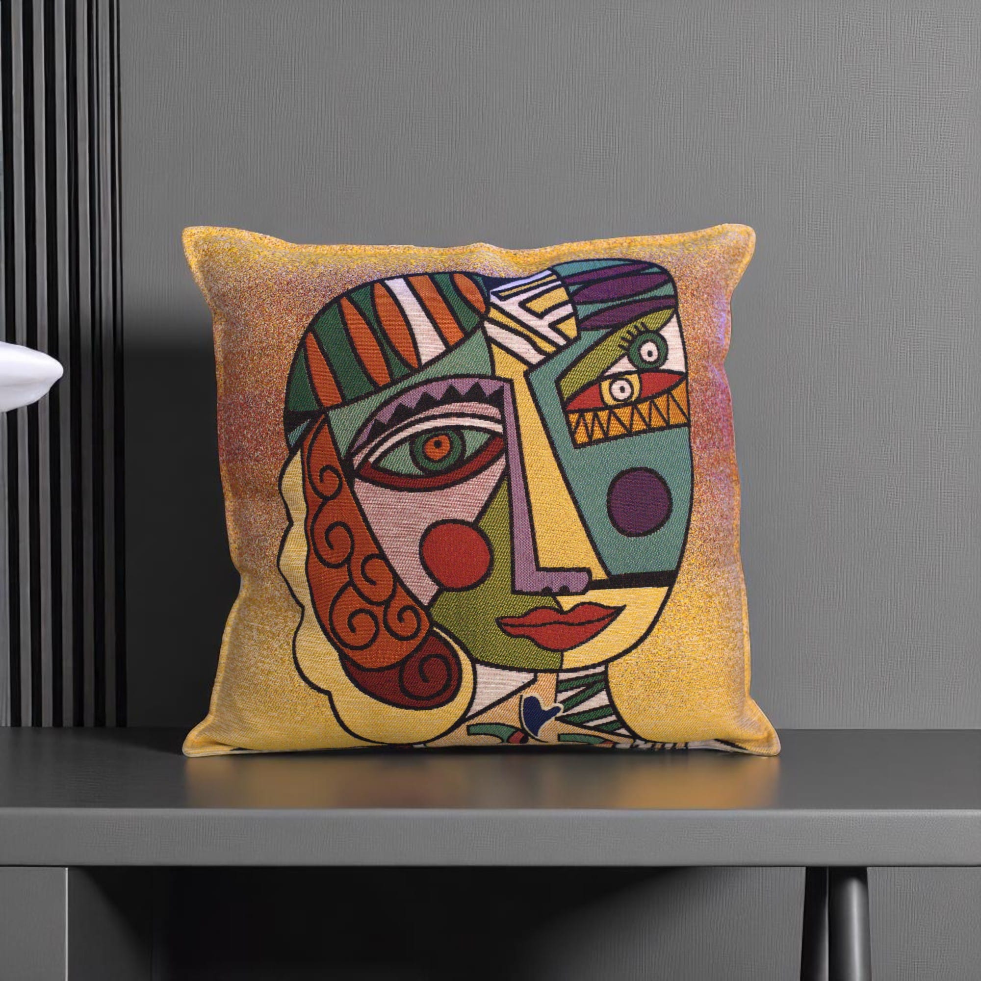 Modern Abstract Face Decorative Throw Pillow Cover, Artistic Embroidered Design, Multicolor