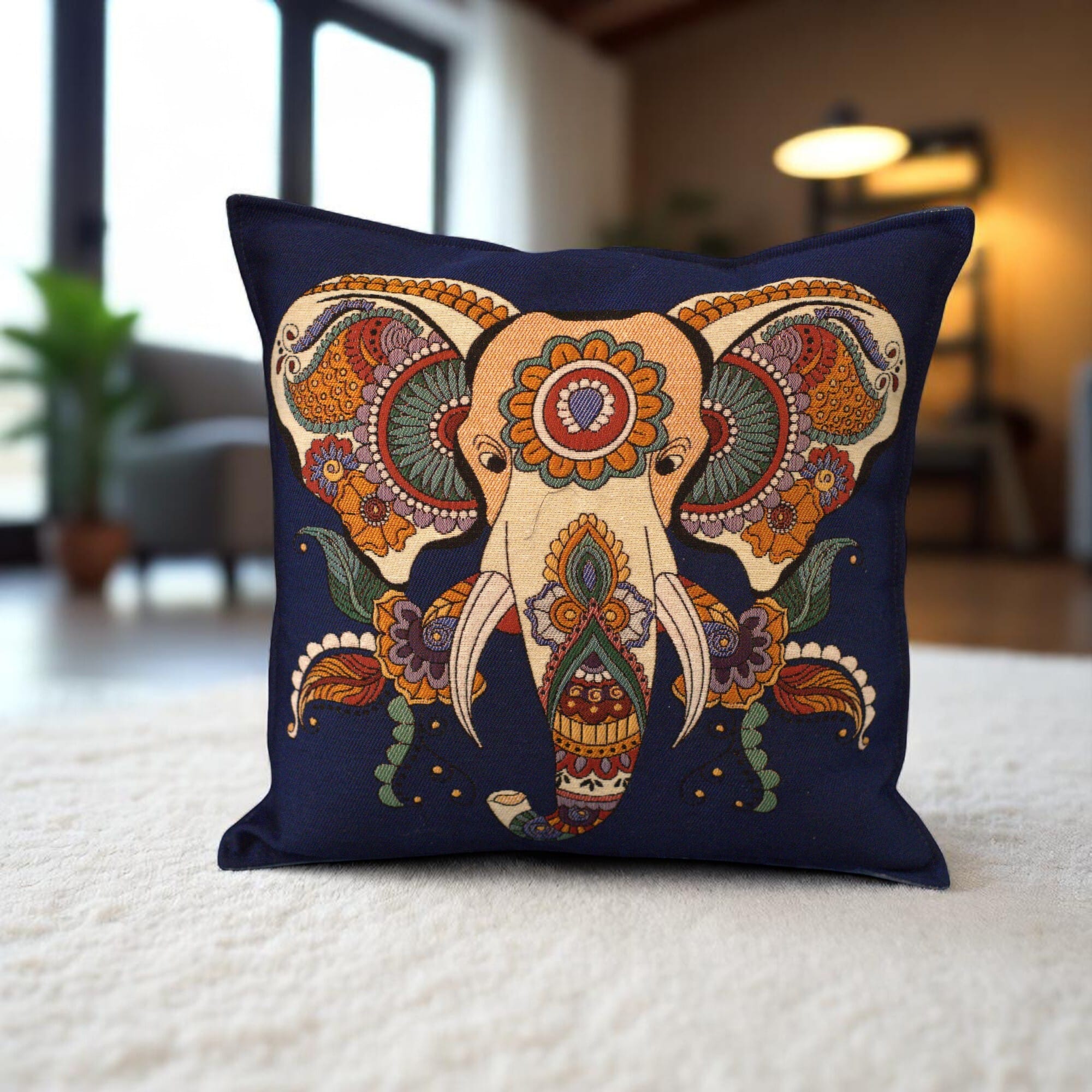 Boho Elephant Throw Pillow, Colorful Indian Elephant Cushion Cover