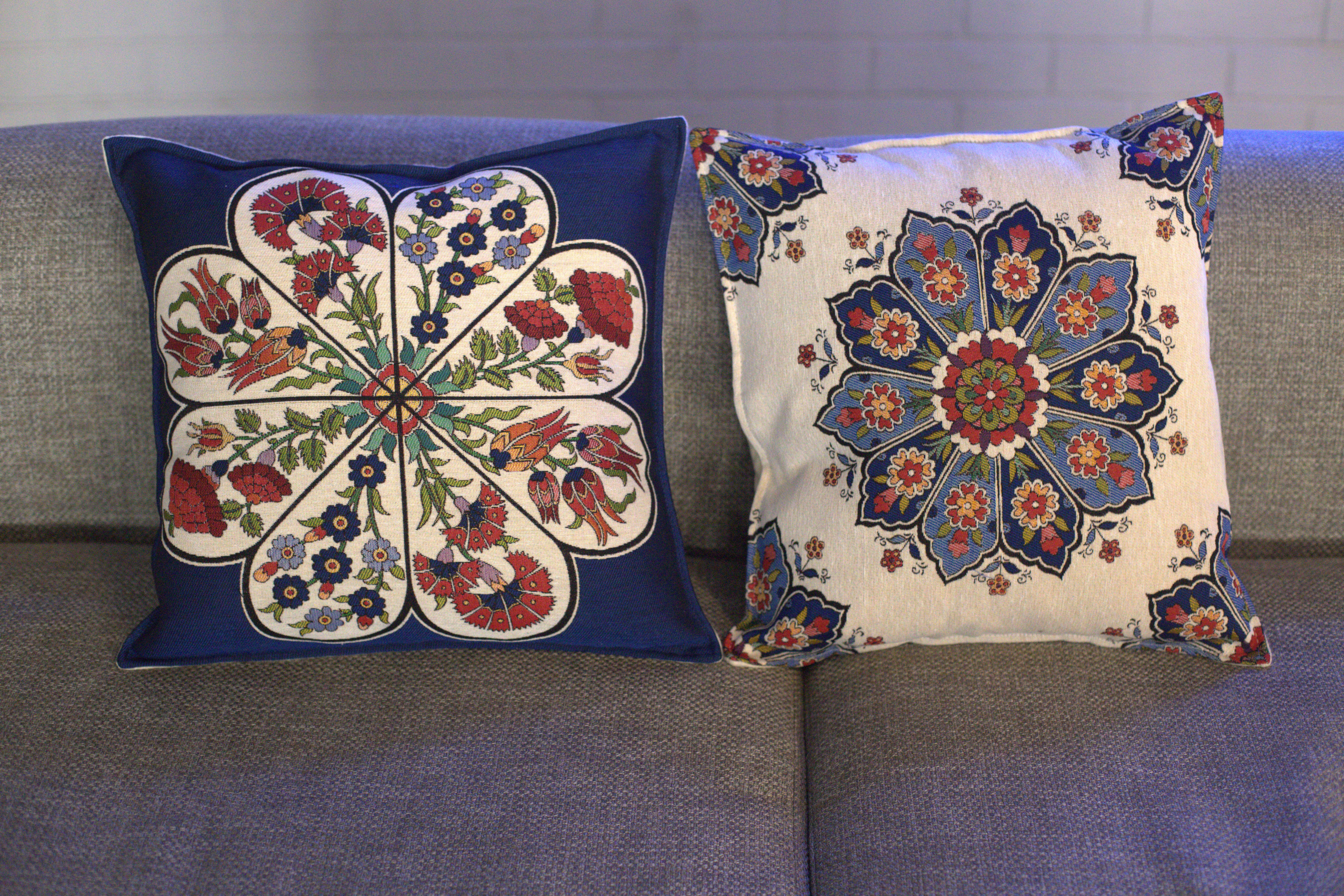 Set of 2 Suzani Throw Pillow Covers – Navy Blue & White Embroidered Design