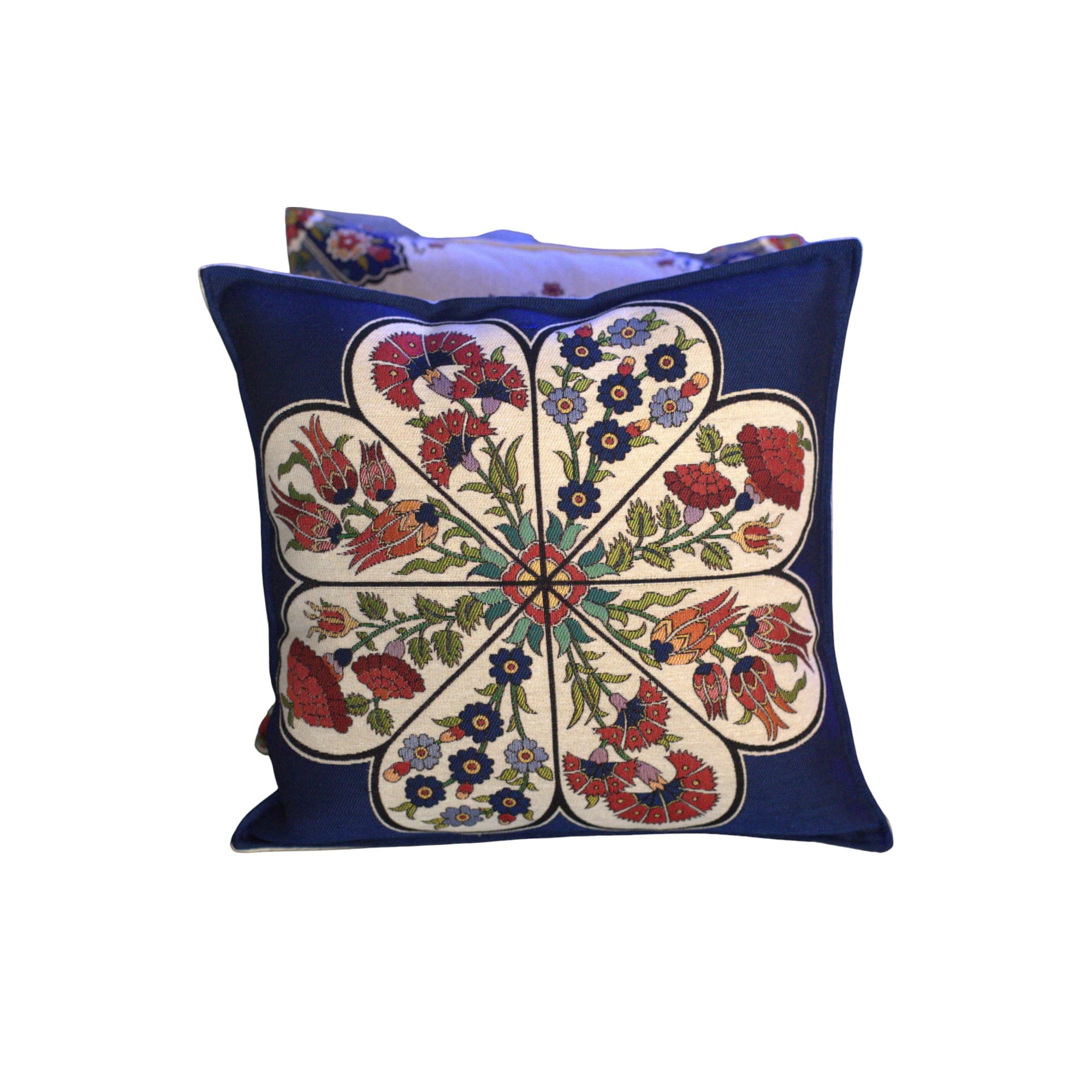 Set of 2 Suzani Throw Pillow Covers – Navy Blue & White Embroidered Design