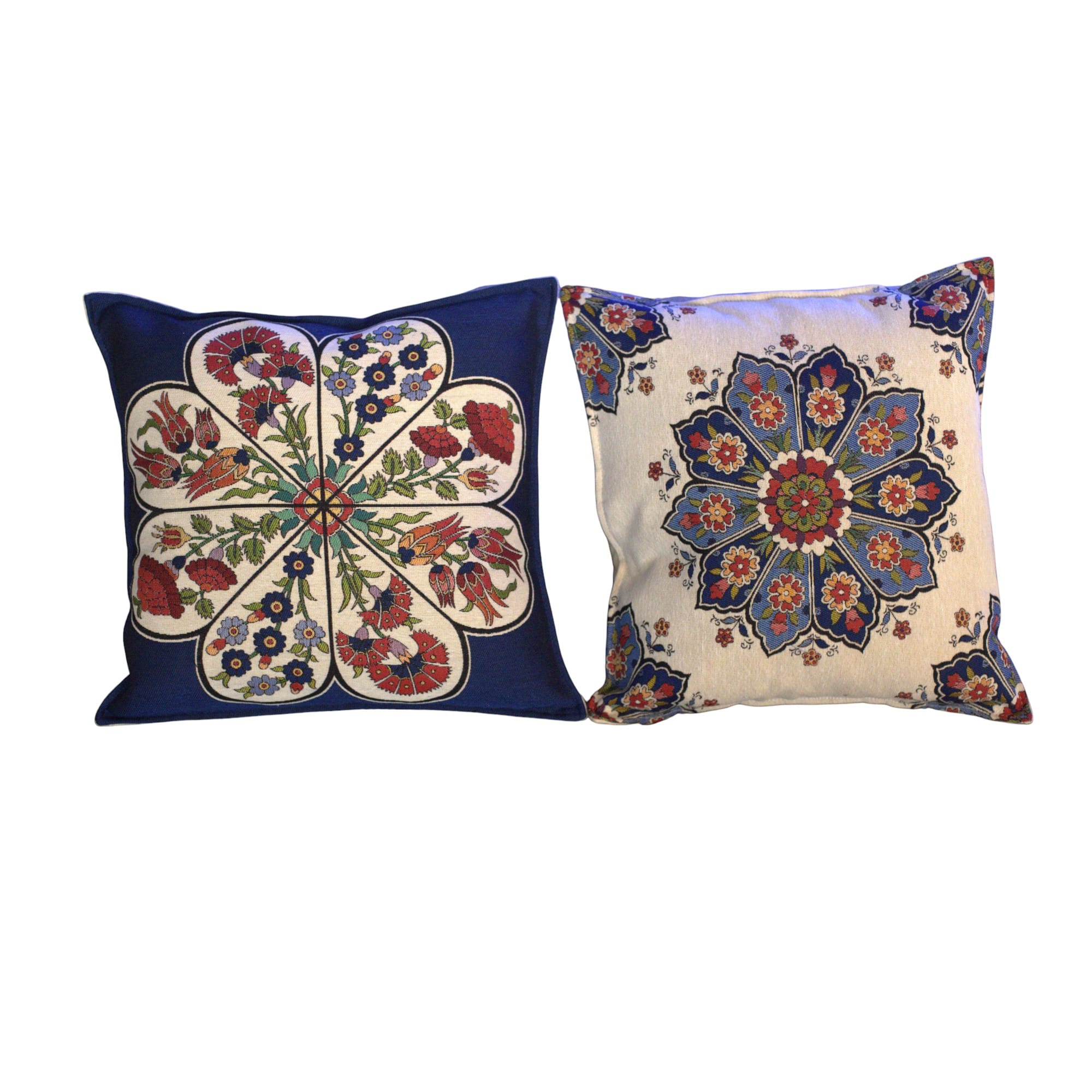 Set of 2 Suzani Throw Pillow Covers – Navy Blue & White Embroidered Design