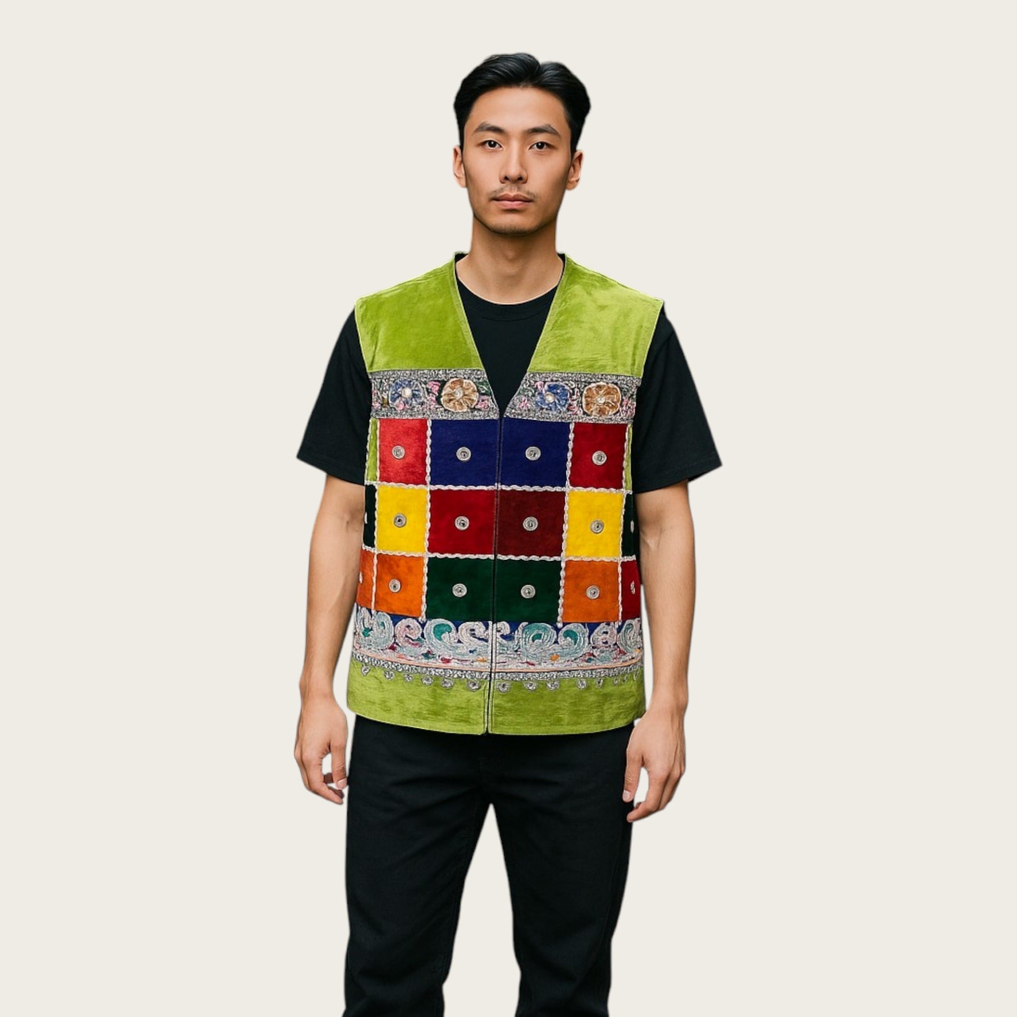 Multicolor Patchwork Afghani Waistcoat for men