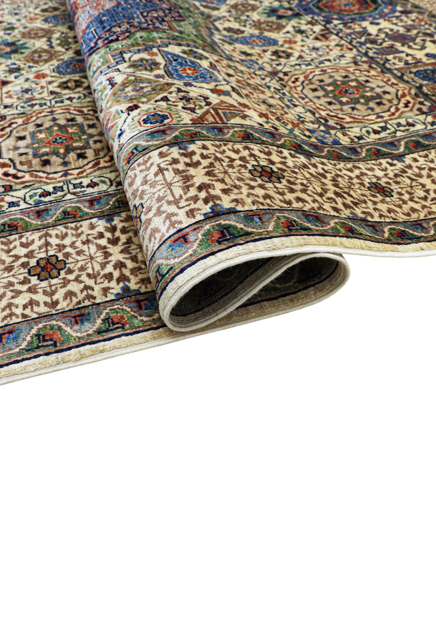 Handmade Chobrang Rug – Creamy, Blue & Indigo Design Afghanistan