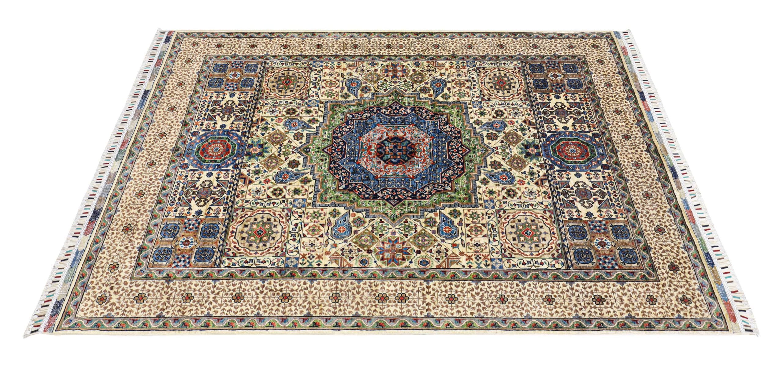 Handmade Chobrang Rug – Creamy, Blue & Indigo Design Afghanistan