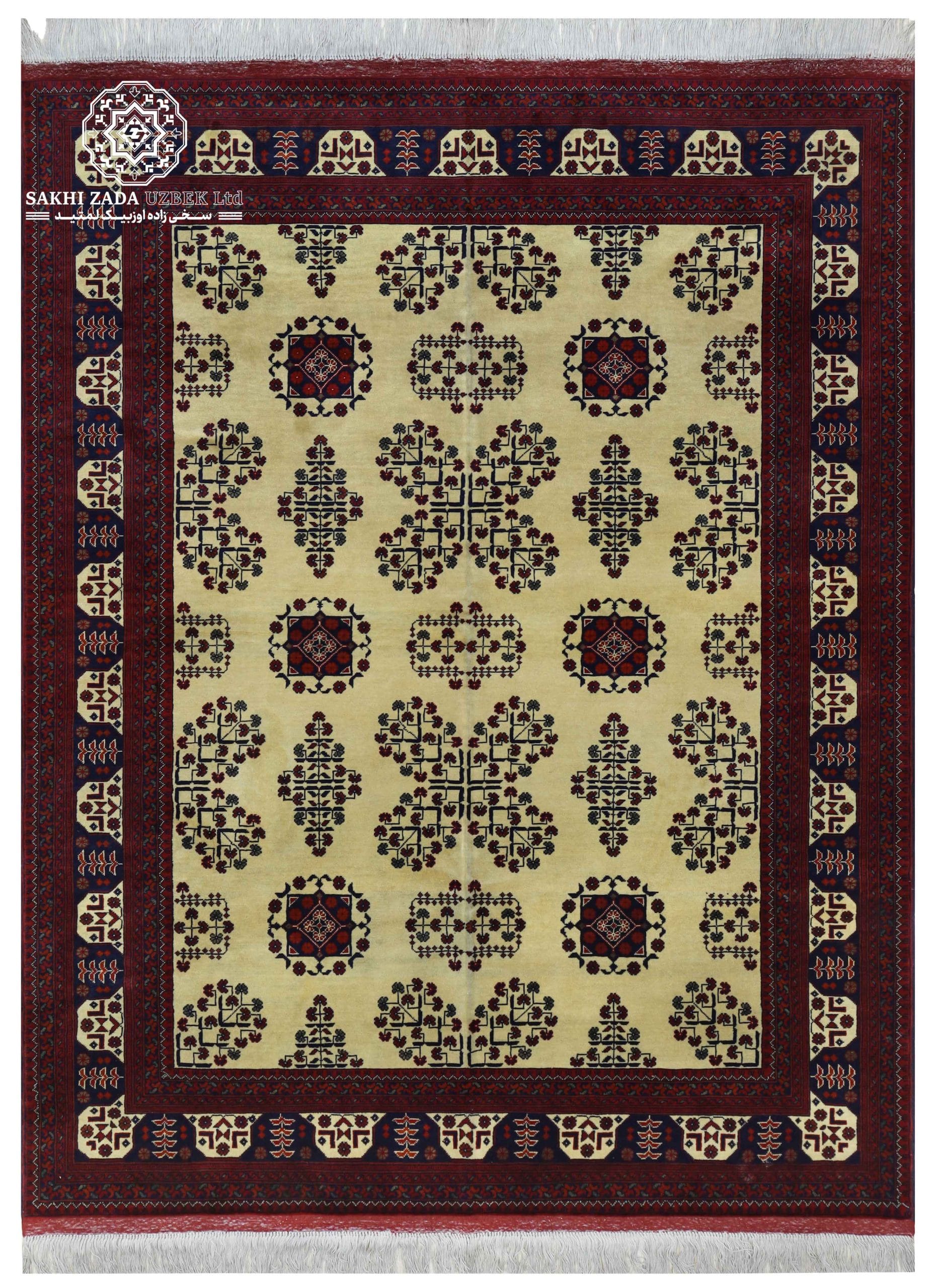 Handwoven Bokharay Wool Carpet 2x1.5m | Cream & Red Belgian Wool Rug | Durable