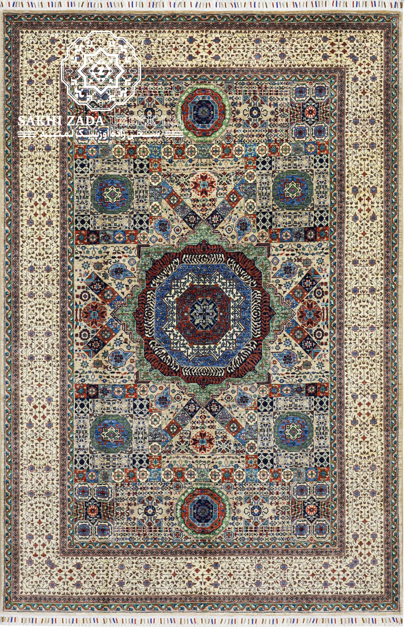 CHOBRANG Handmade Rug – Creamy, Green, Blue & Red | 50×50 Weaving | 2.96m x 1.96m