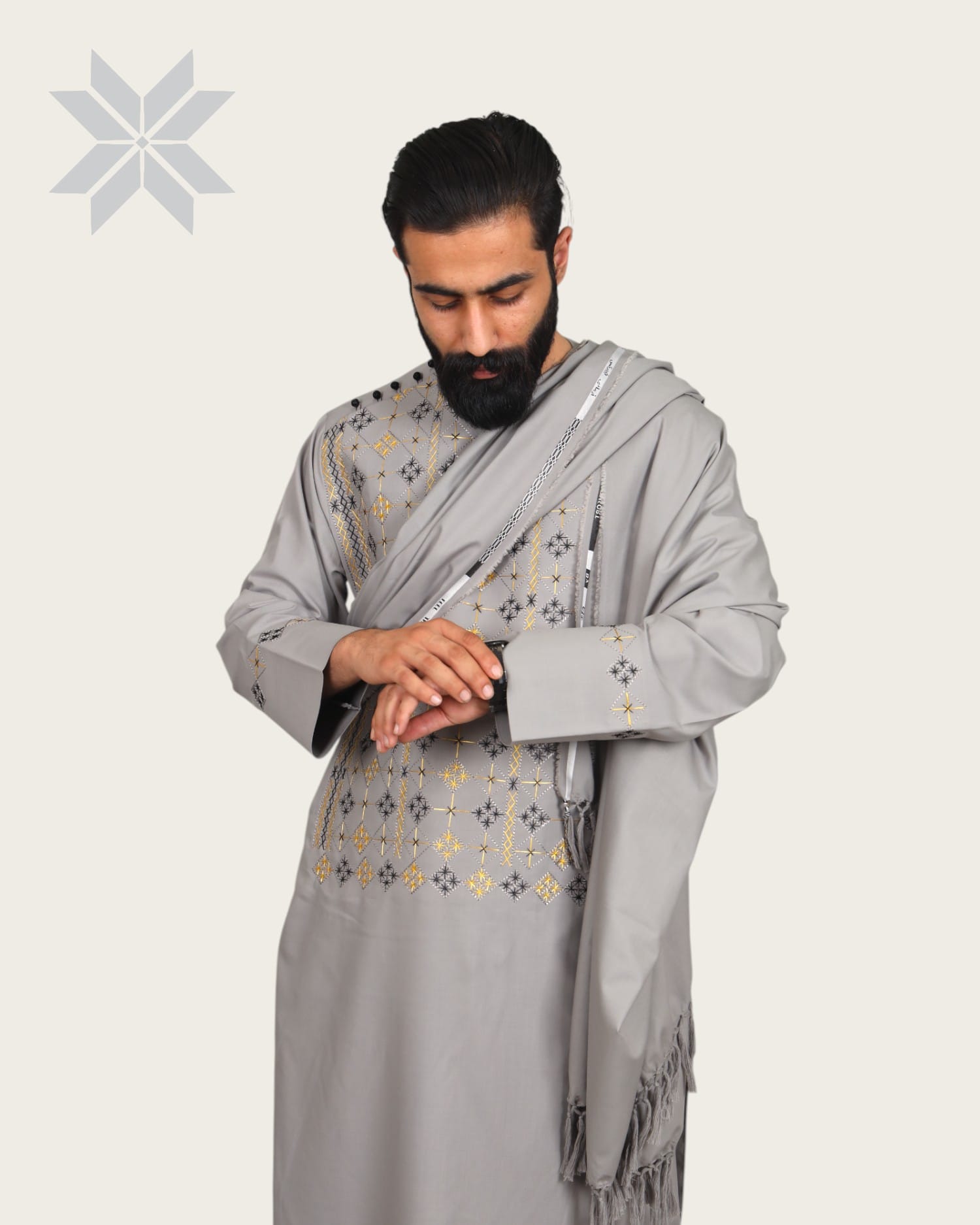 Silver Men Kurta Set, Perhan Tunban Set Male