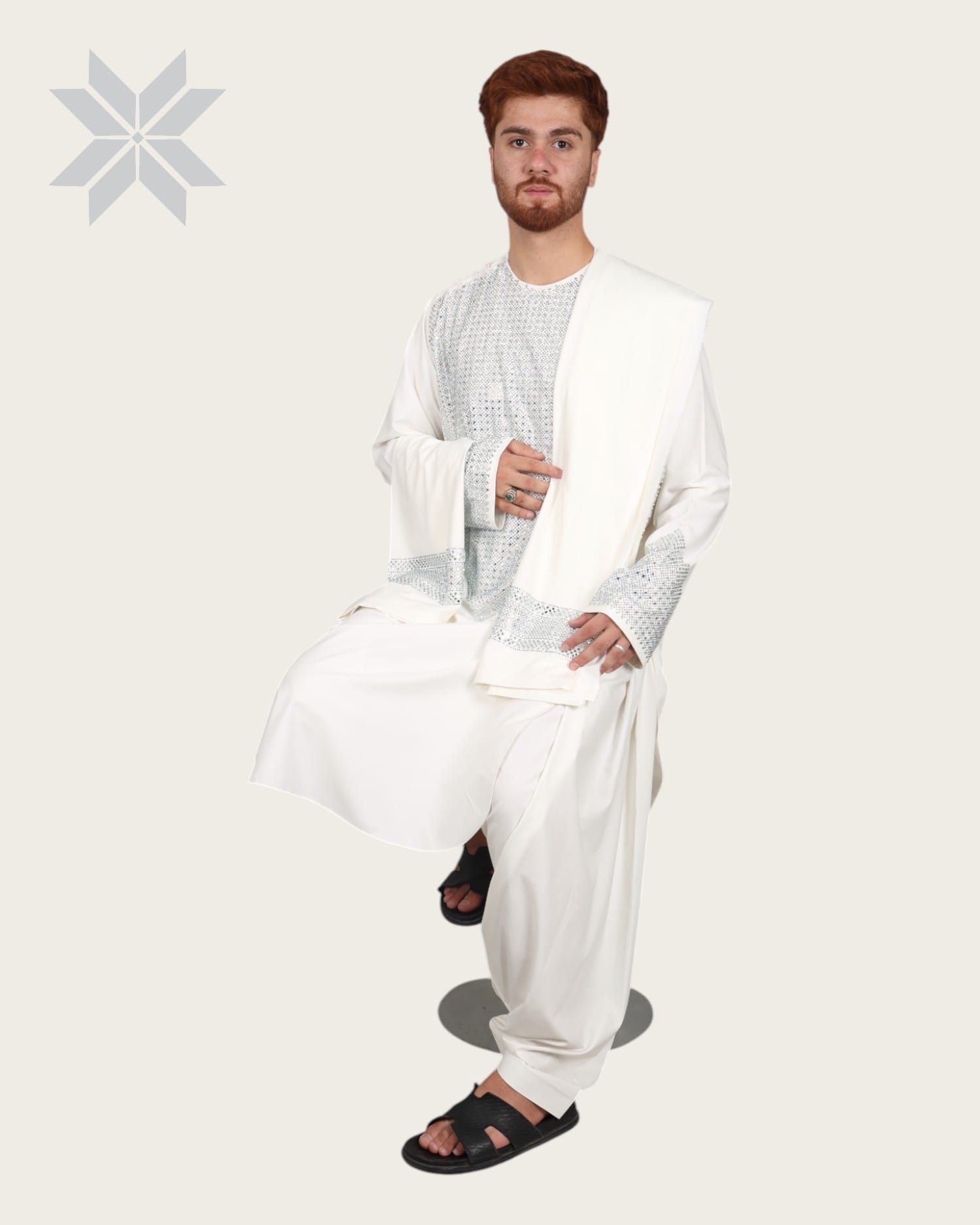 Afghani Men Mirror design cloths Full Set  Traditional, Party Wear Off White Outfit