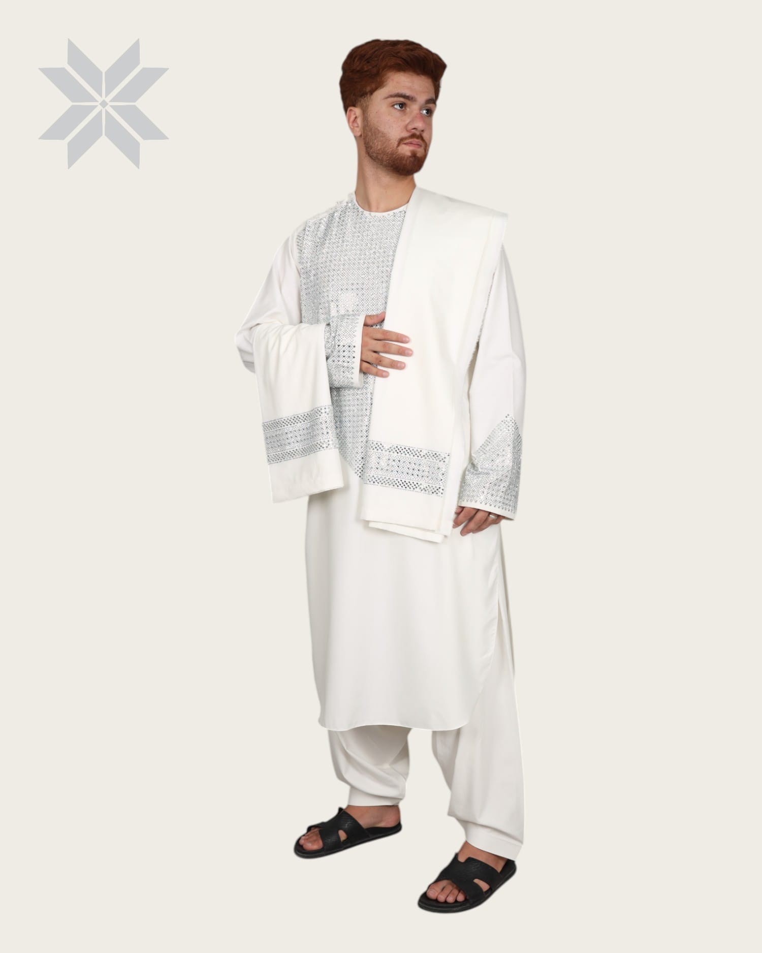 Afghani Men Mirror design cloths Full Set  Traditional, Party Wear Off White Outfit