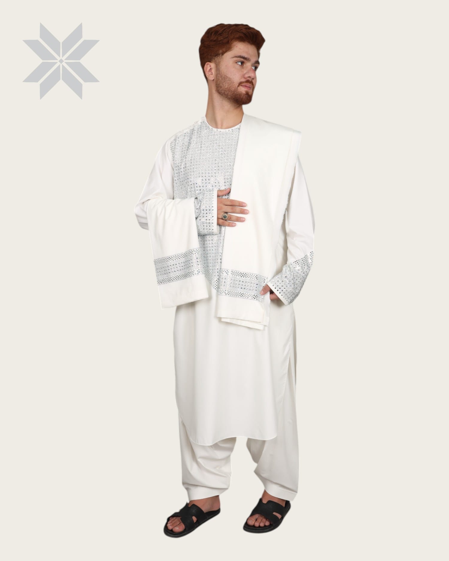 Afghani Men Mirror design cloths Full Set  Traditional, Party Wear Off White Outfit