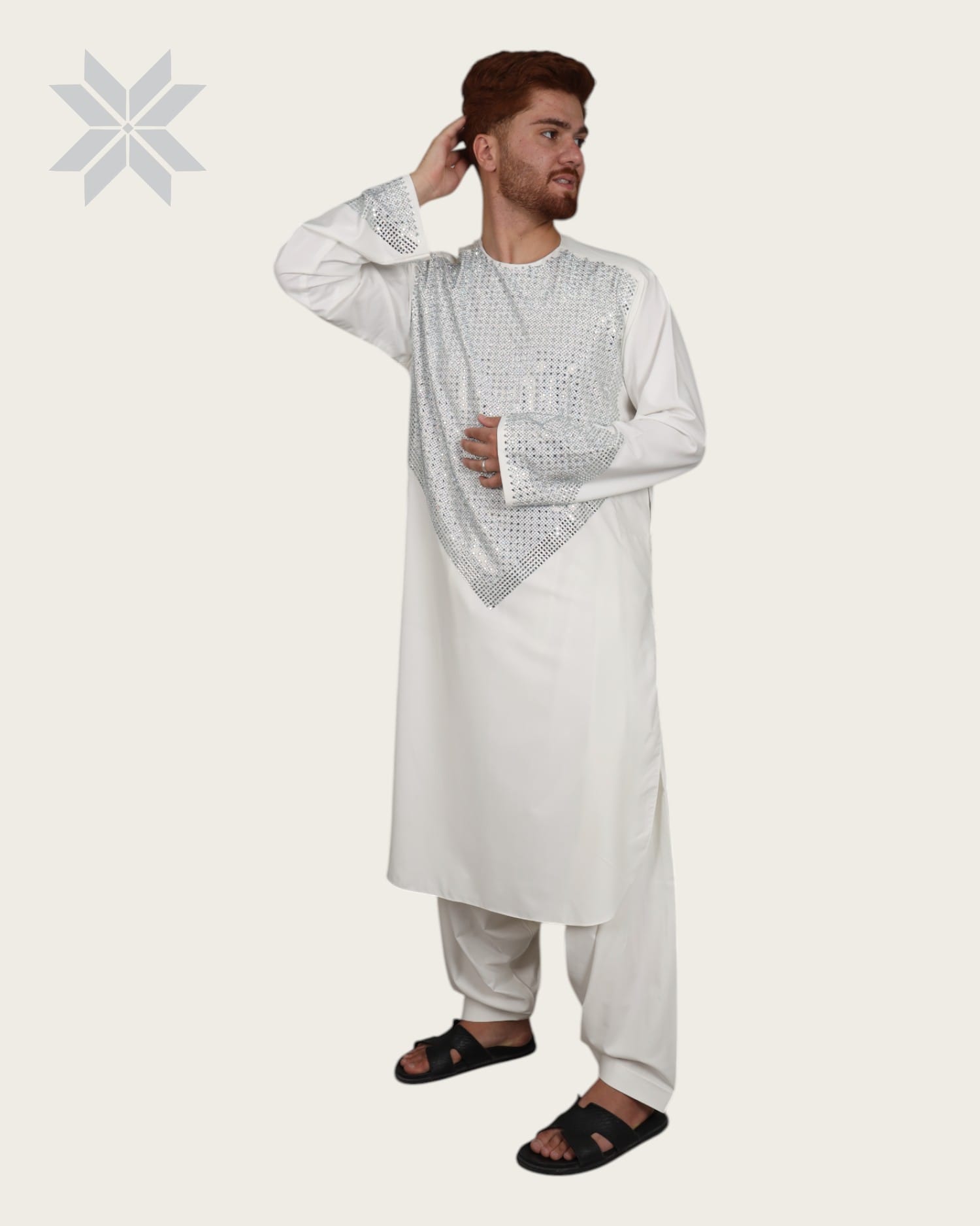 Afghani Men Mirror design cloths Full Set  Traditional, Party Wear Off White Outfit