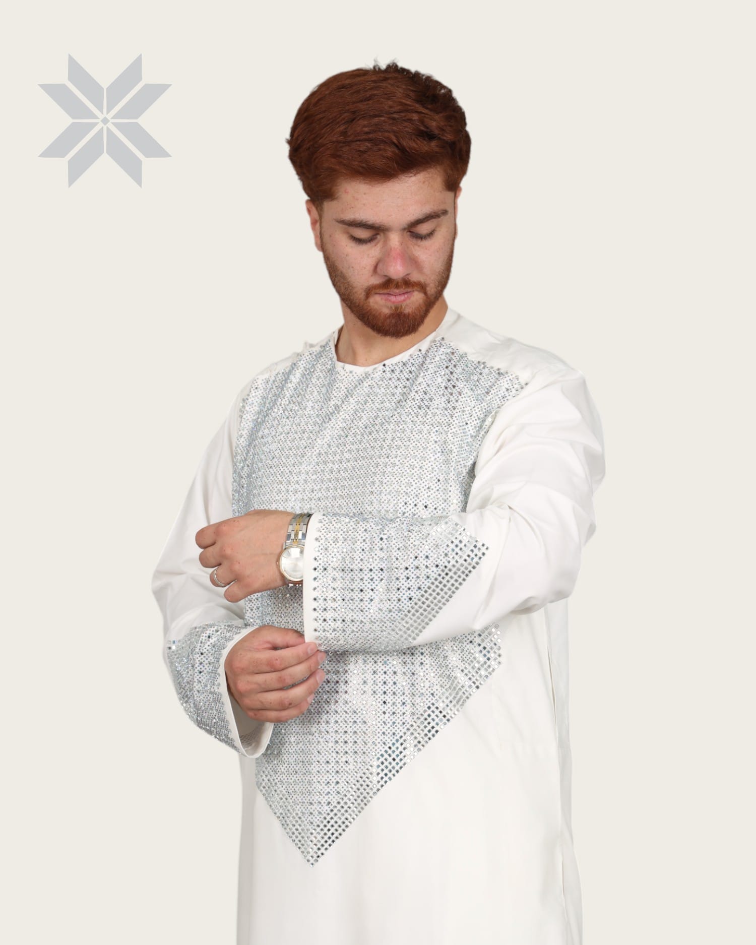 Afghani Men Mirror design cloths Full Set  Traditional, Party Wear Off White Outfit