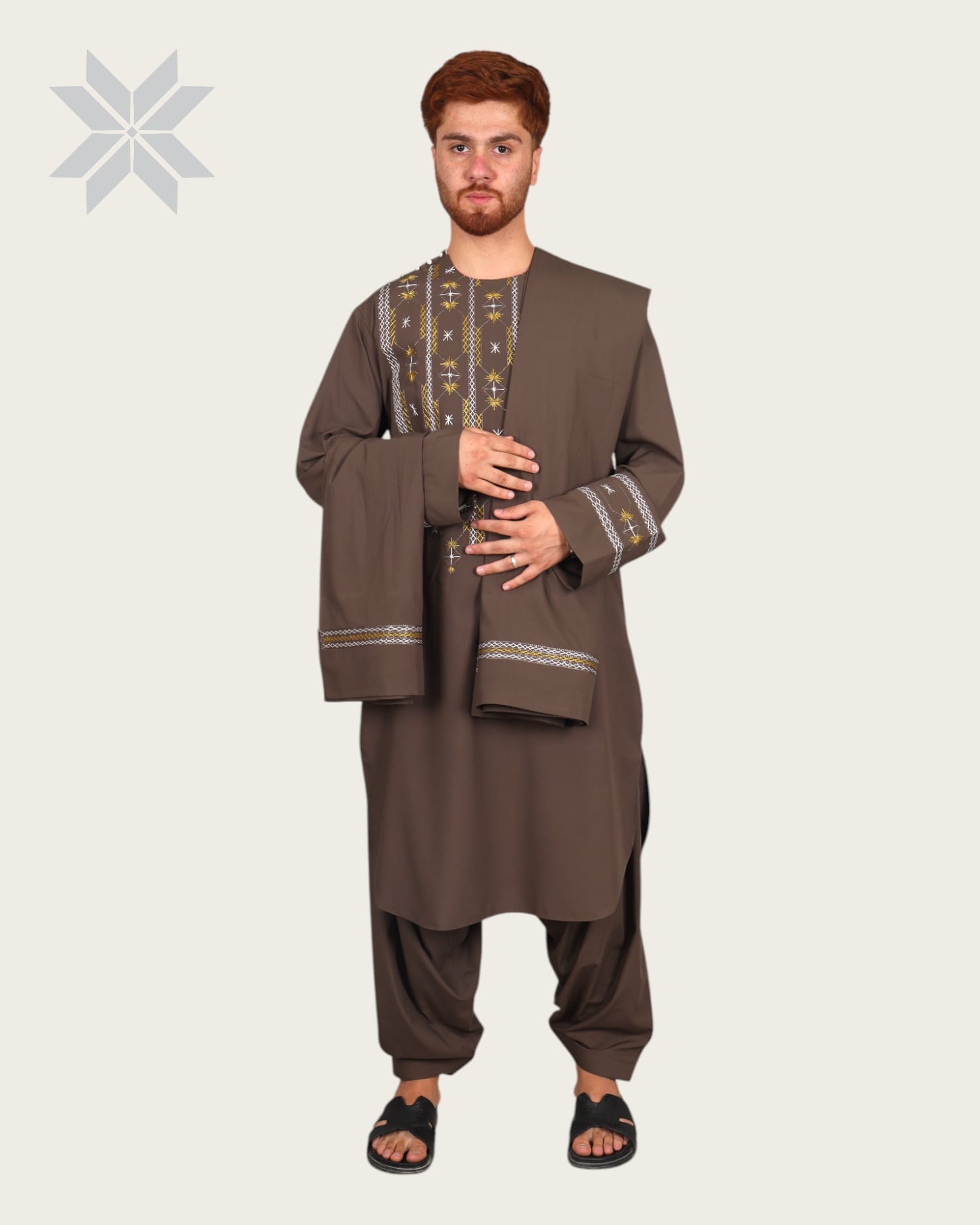 Badshahi Brown Men Cloths Embroidered Set