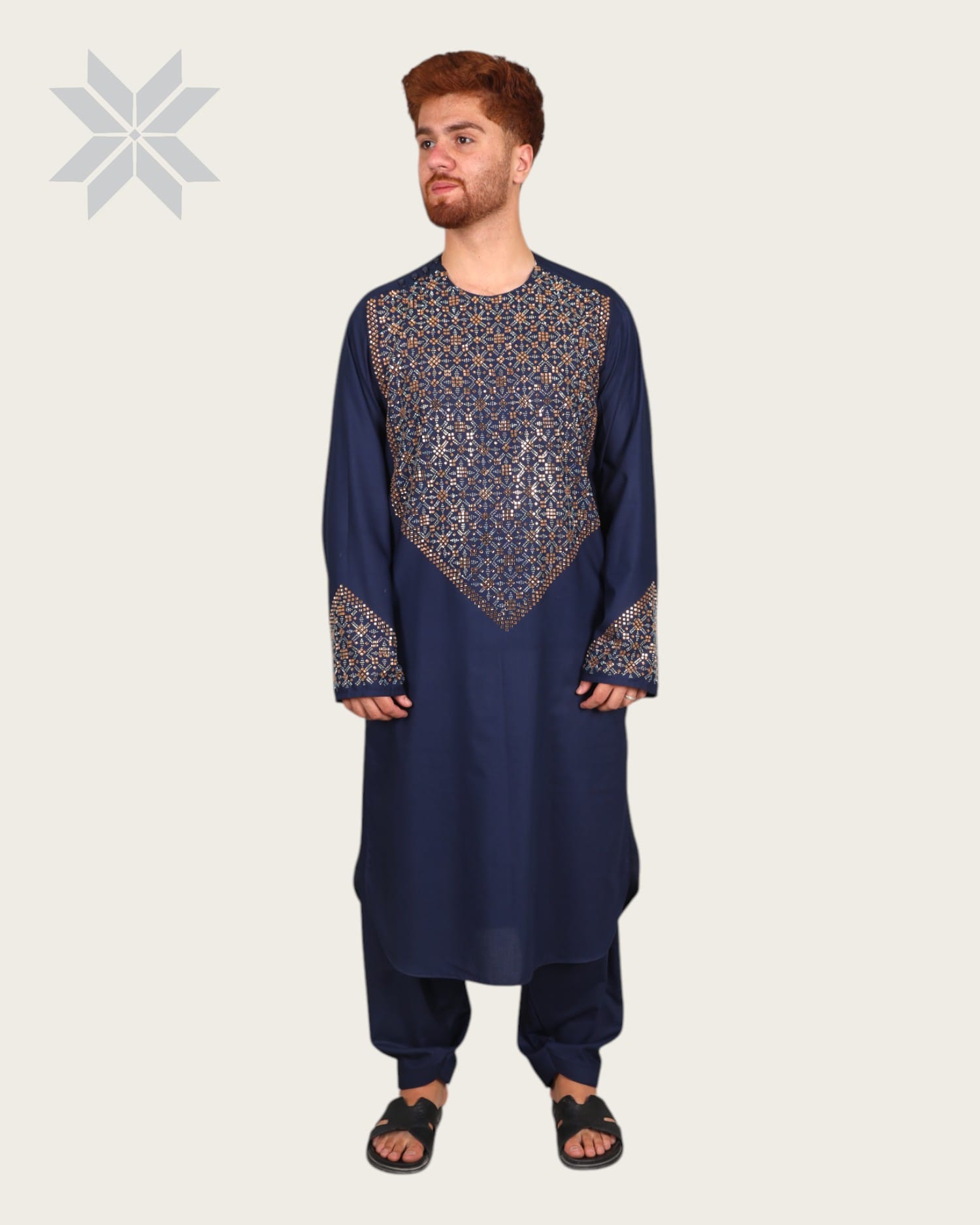 Deep Navy Royal Men's Outfit with Multicolor Glass Embroidery
