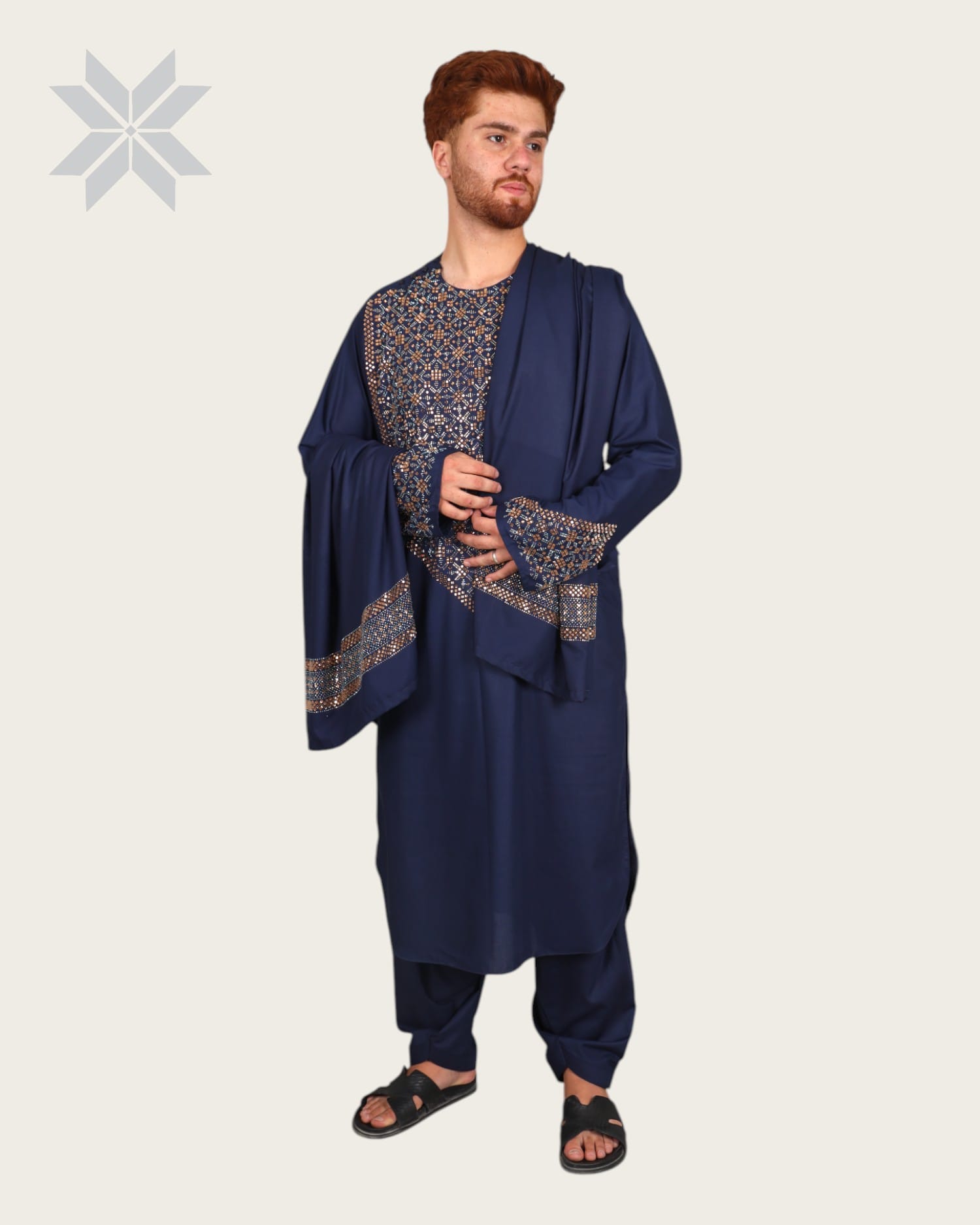 Deep Navy Royal Men's Outfit with Multicolor Glass Embroidery