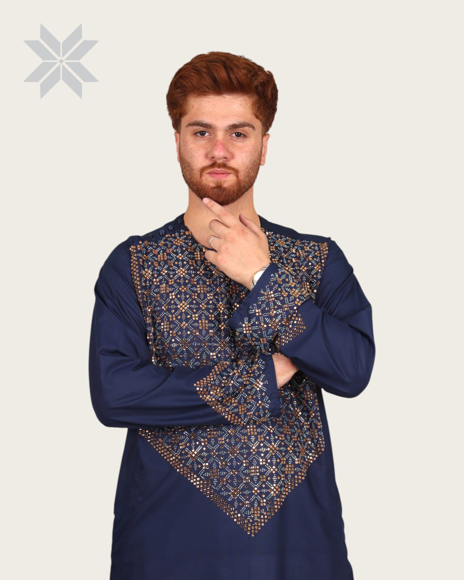 Deep Navy Royal Men's Outfit with Multicolor Glass Embroidery