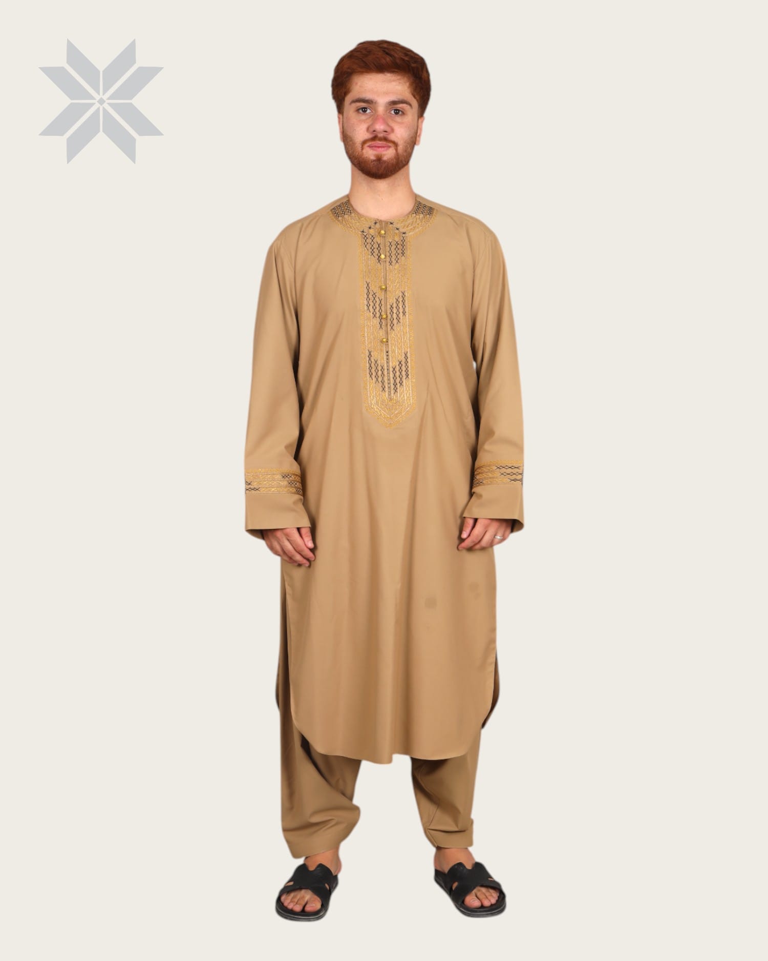 Camel Beige Men's Outfit with Gold & Black Arabic Embroidery