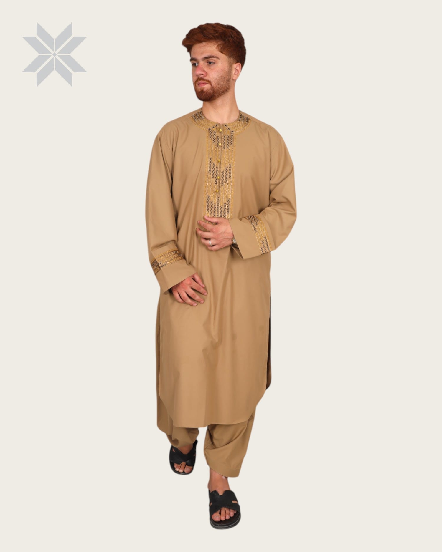 Camel Beige Men's Outfit with Gold & Black Arabic Embroidery