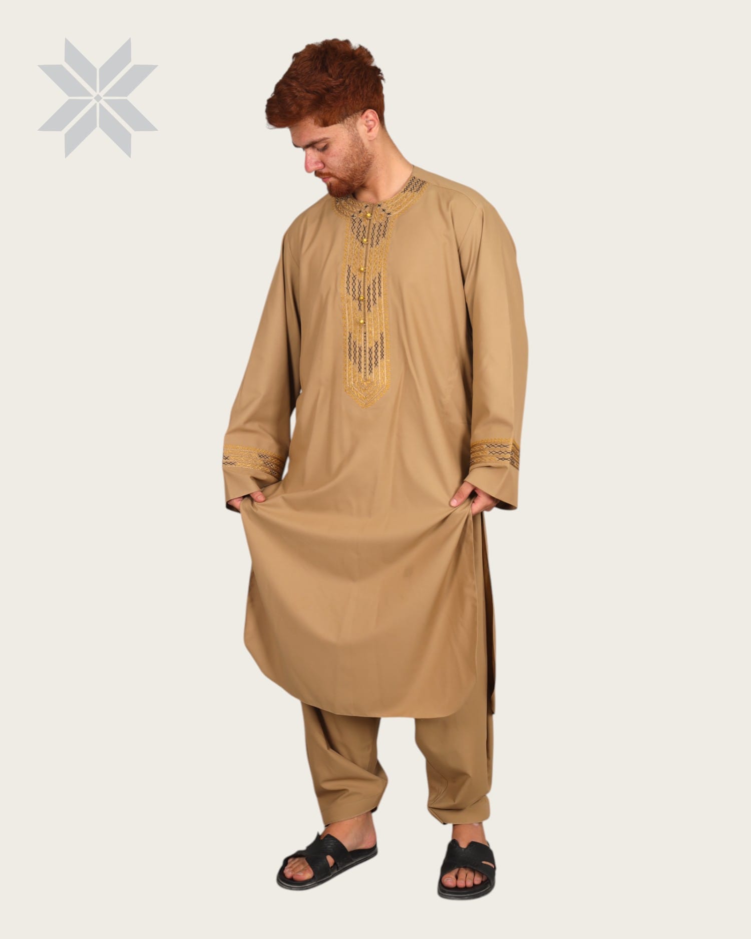 Camel Beige Men's Outfit with Gold & Black Arabic Embroidery