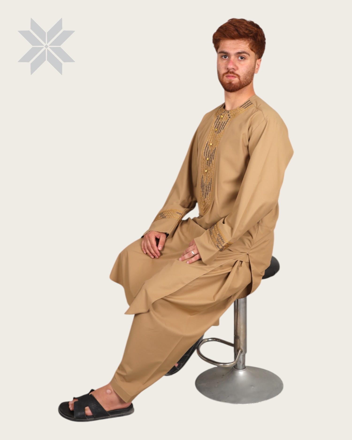 Camel Beige Men's Outfit with Gold & Black Arabic Embroidery