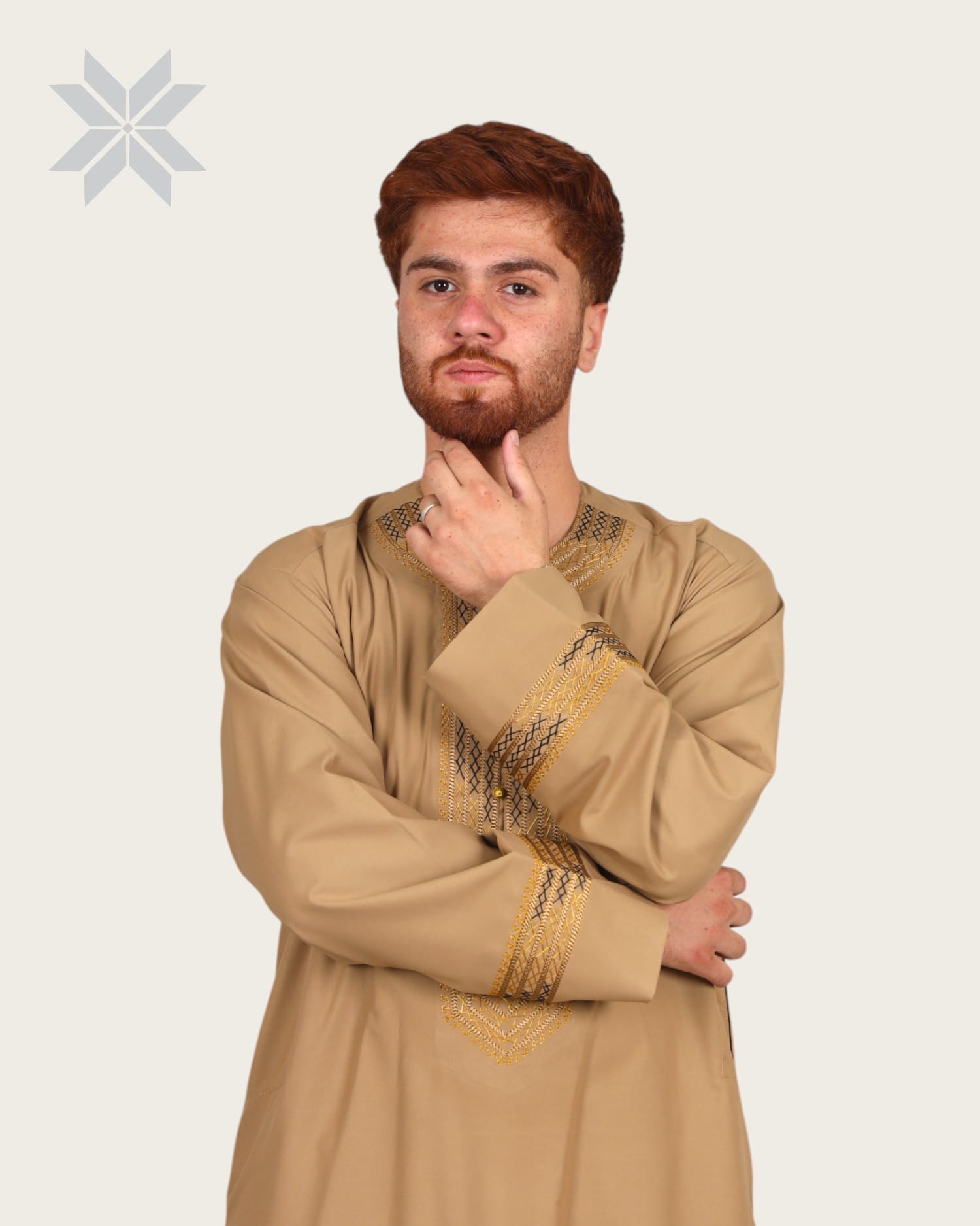 Camel Beige Men's Outfit with Gold & Black Arabic Embroidery