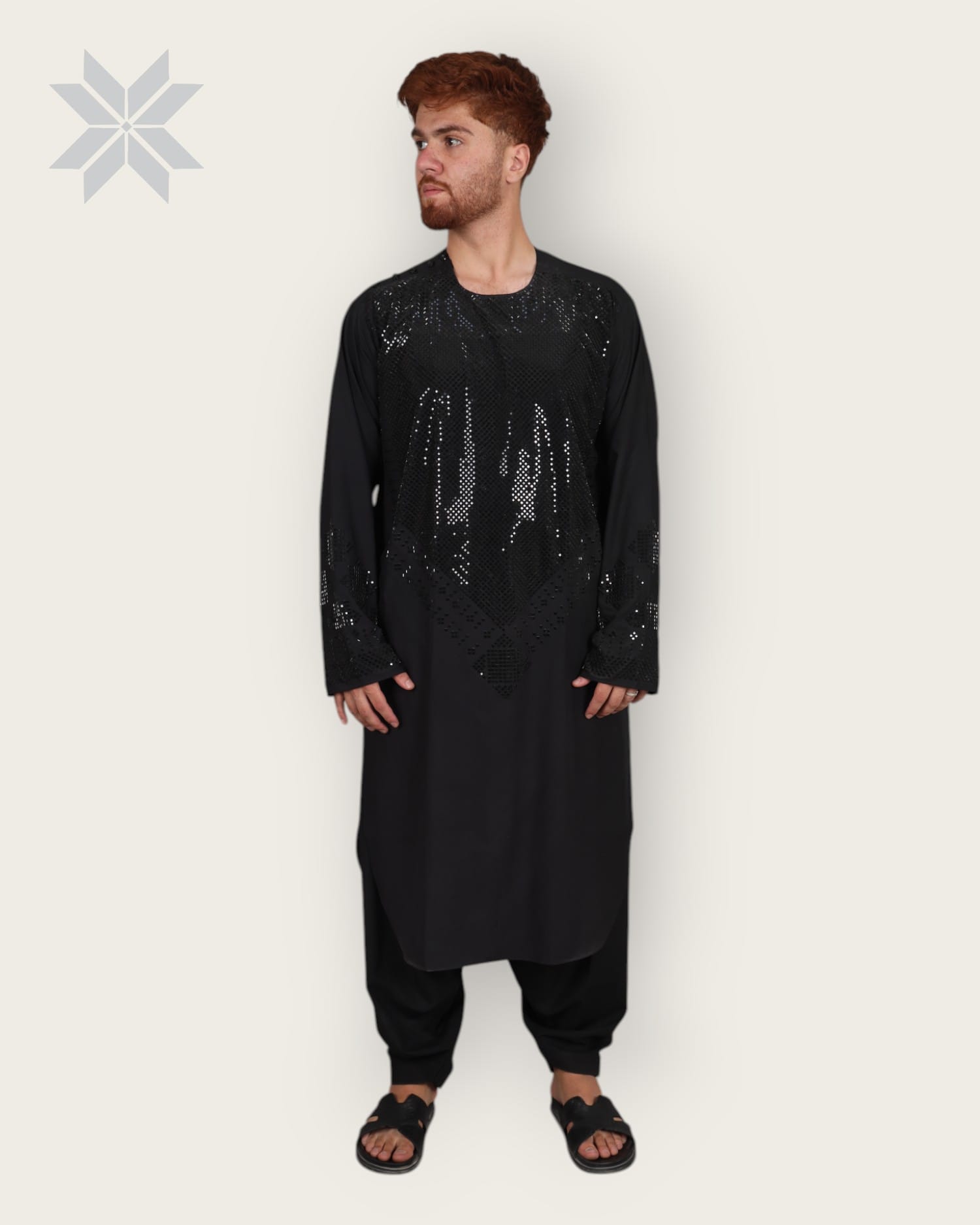 Black Men's Traditional Outfit with Handcrafted Glass Design