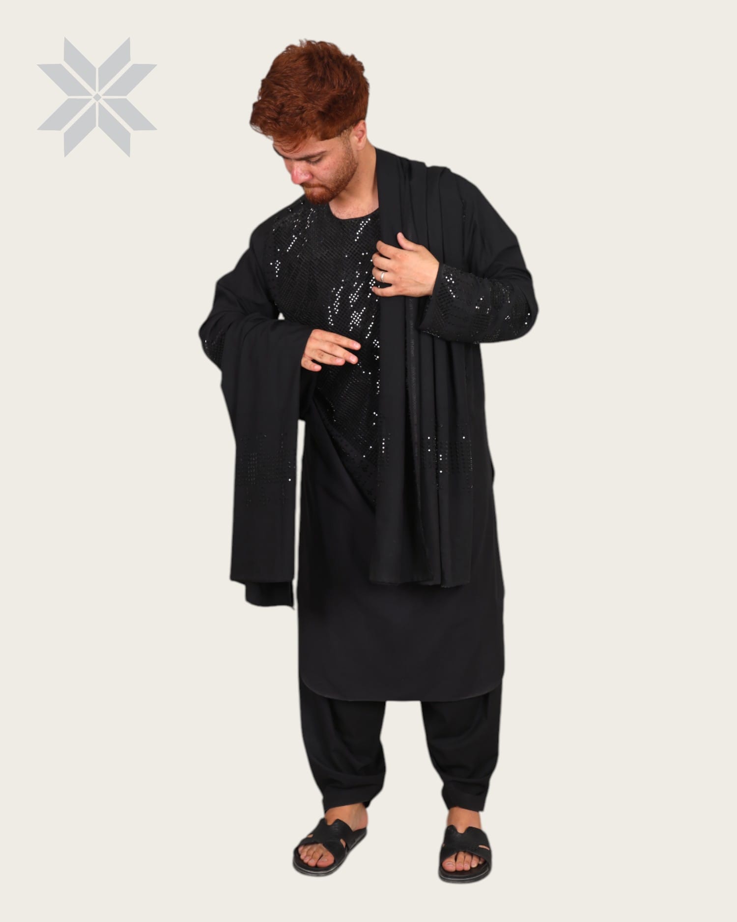 Black Men's Traditional Outfit with Handcrafted Glass Design