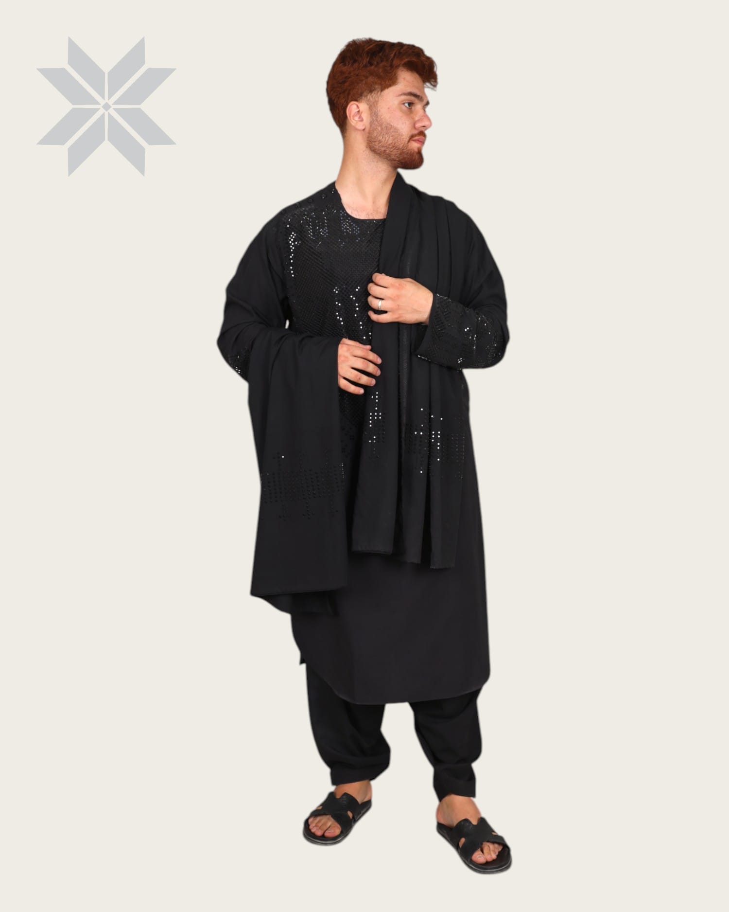 Black Men's Traditional Outfit with Handcrafted Glass Design