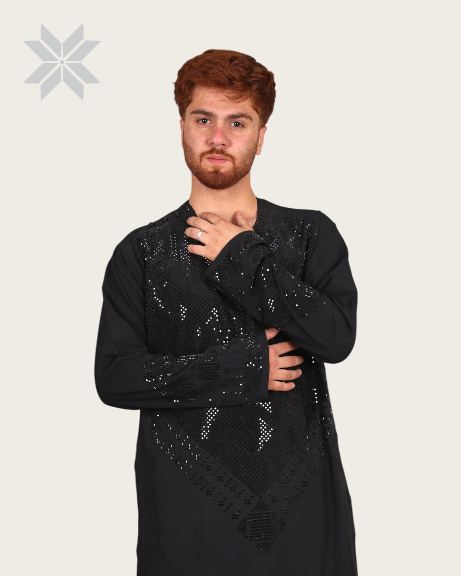Black Men's Traditional Outfit with Handcrafted Glass Design