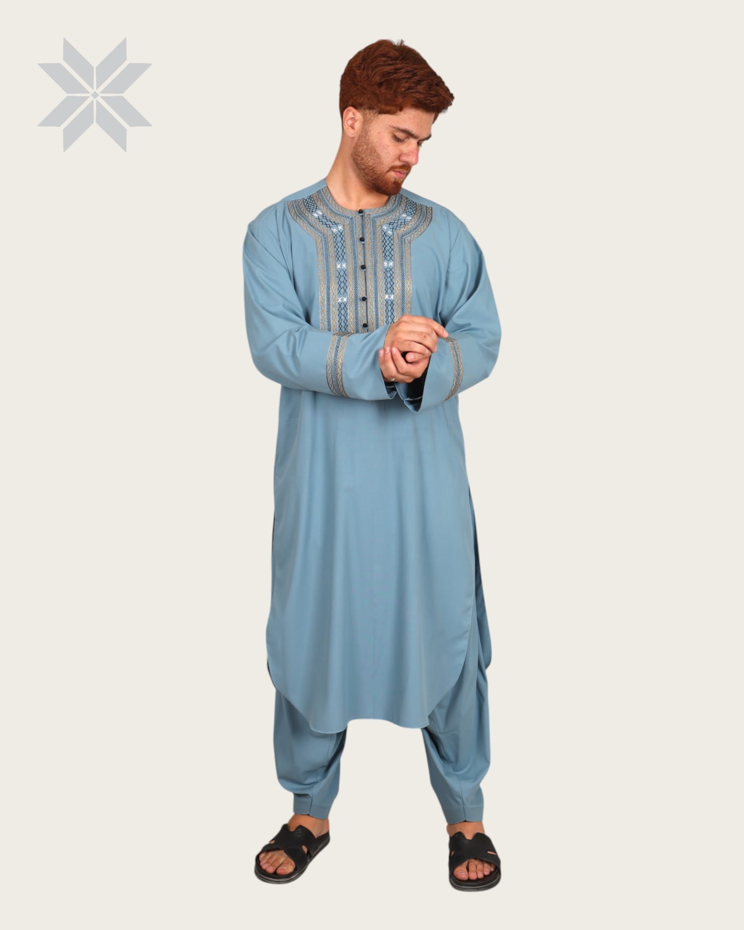 Men’s Sky Blue Traditional Wear with Hindi-Arabic Embroidery