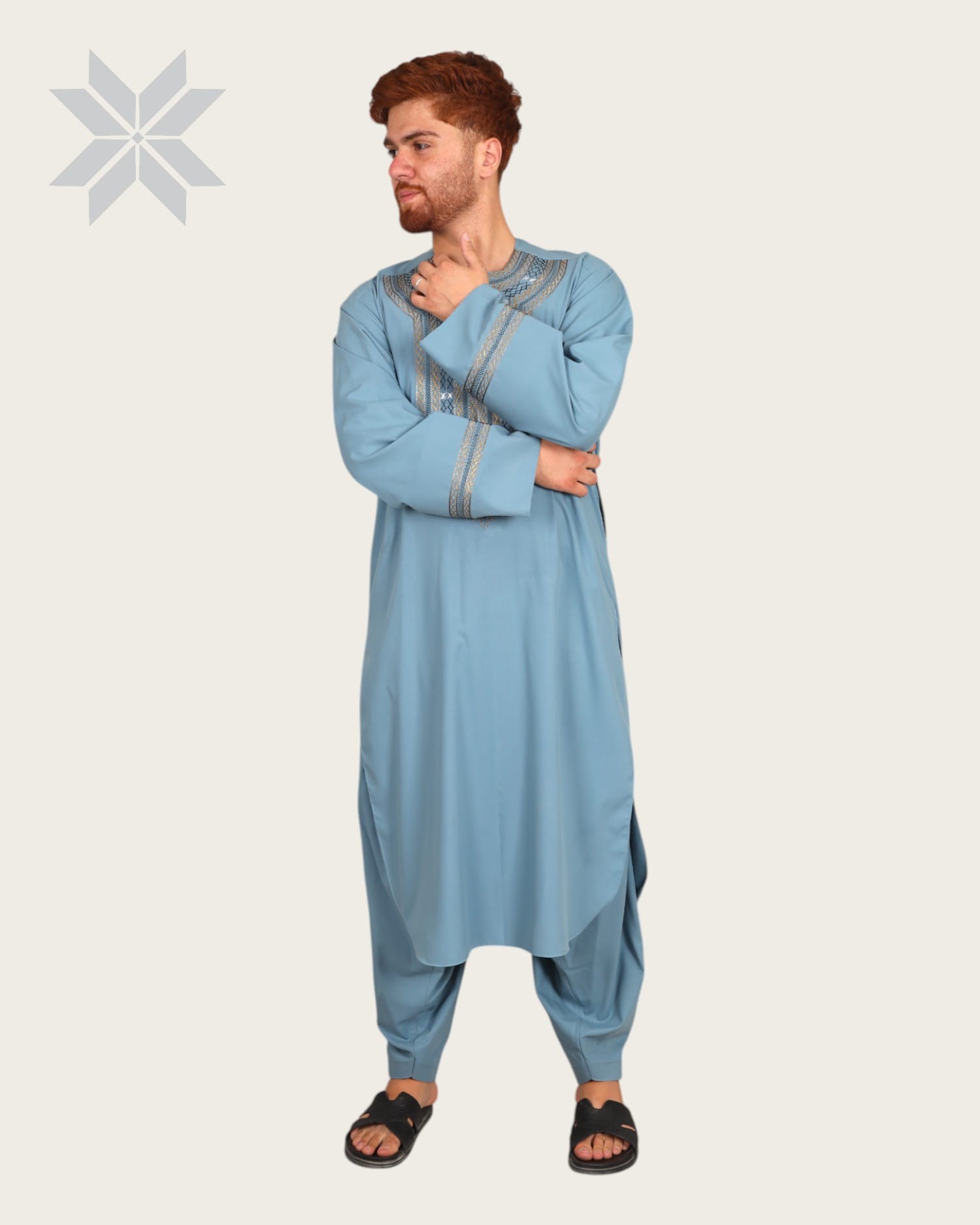 Men’s Sky Blue Traditional Wear with Hindi-Arabic Embroidery