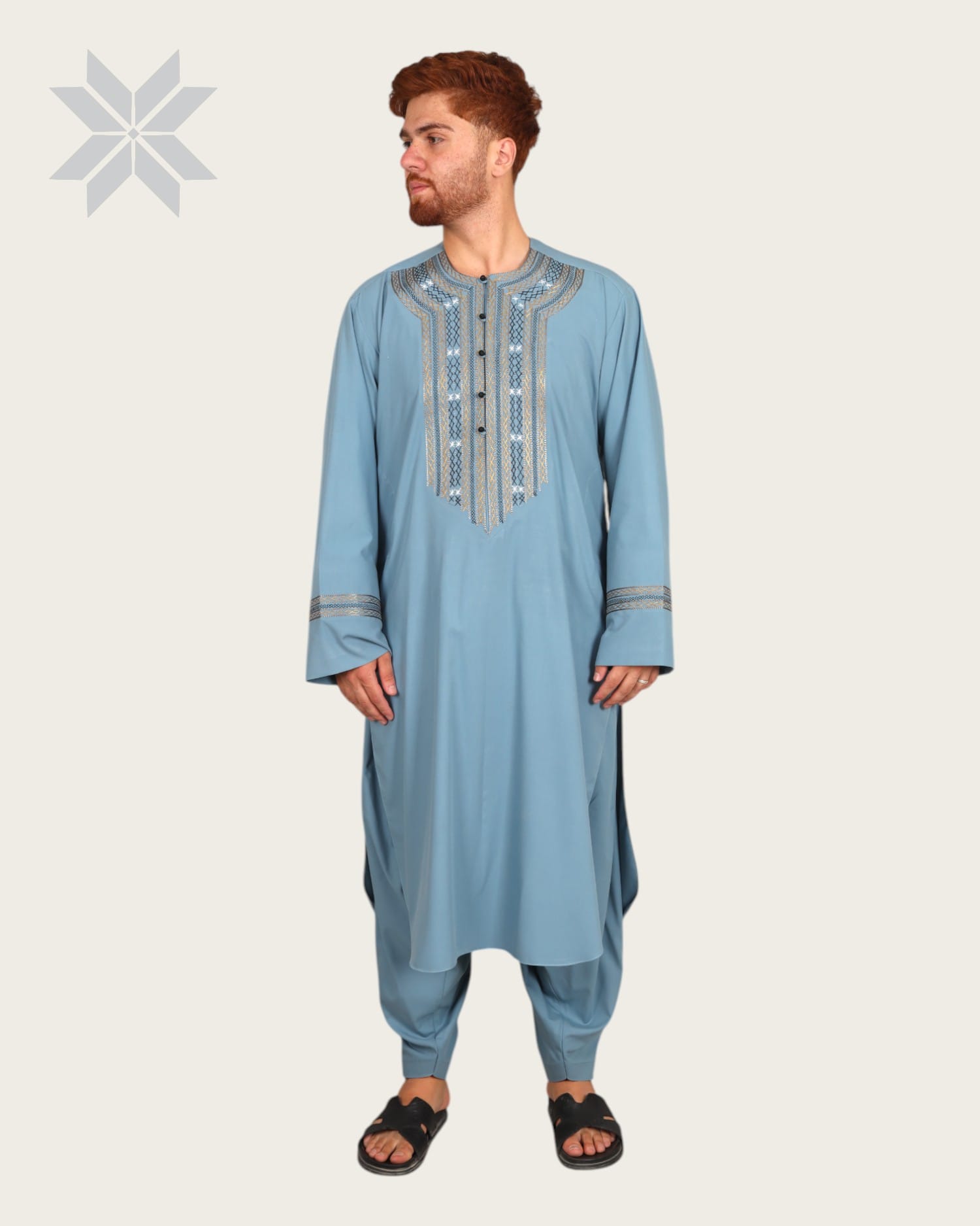 Men’s Sky Blue Traditional Wear with Hindi-Arabic Embroidery