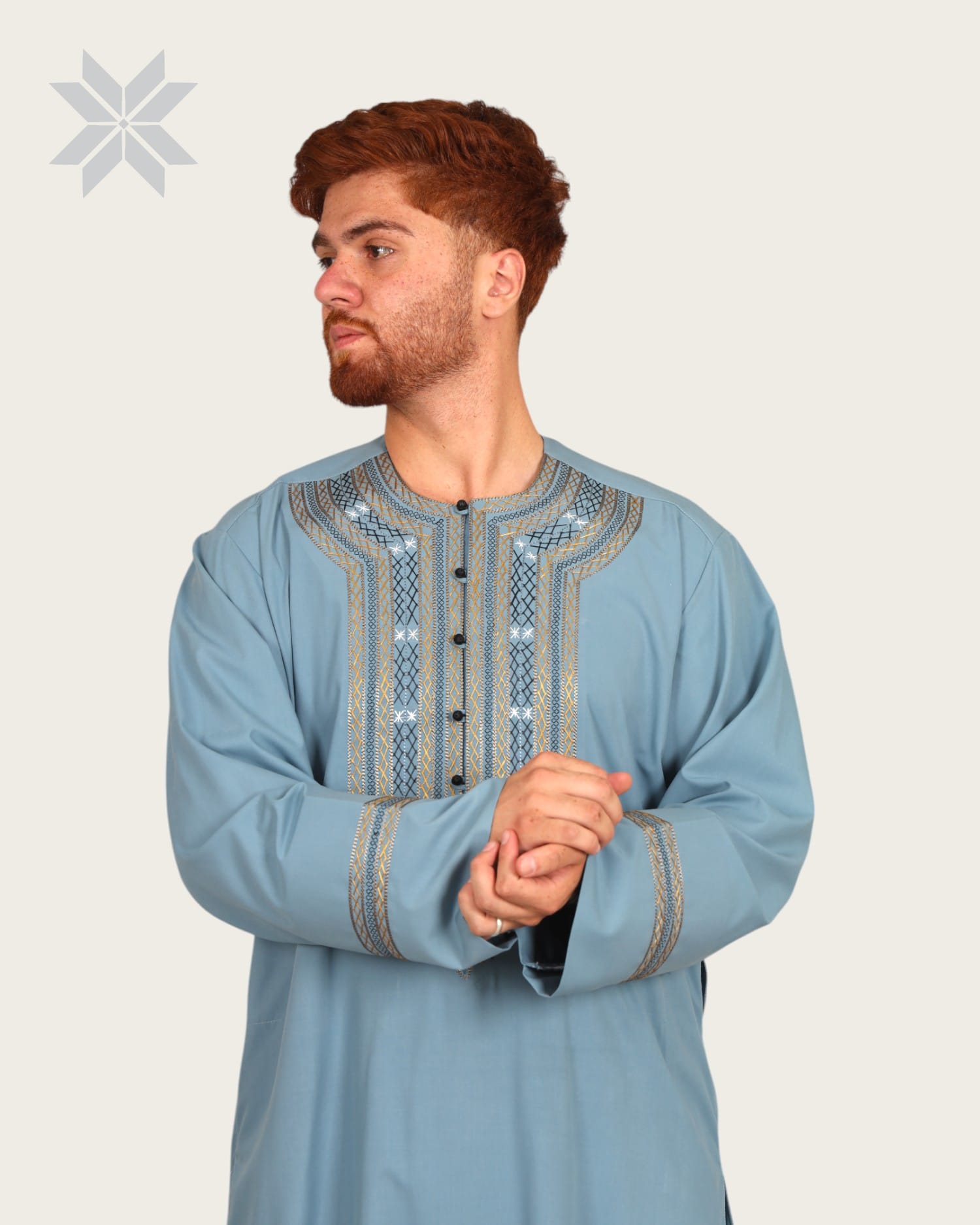 Men’s Sky Blue Traditional Wear with Hindi-Arabic Embroidery