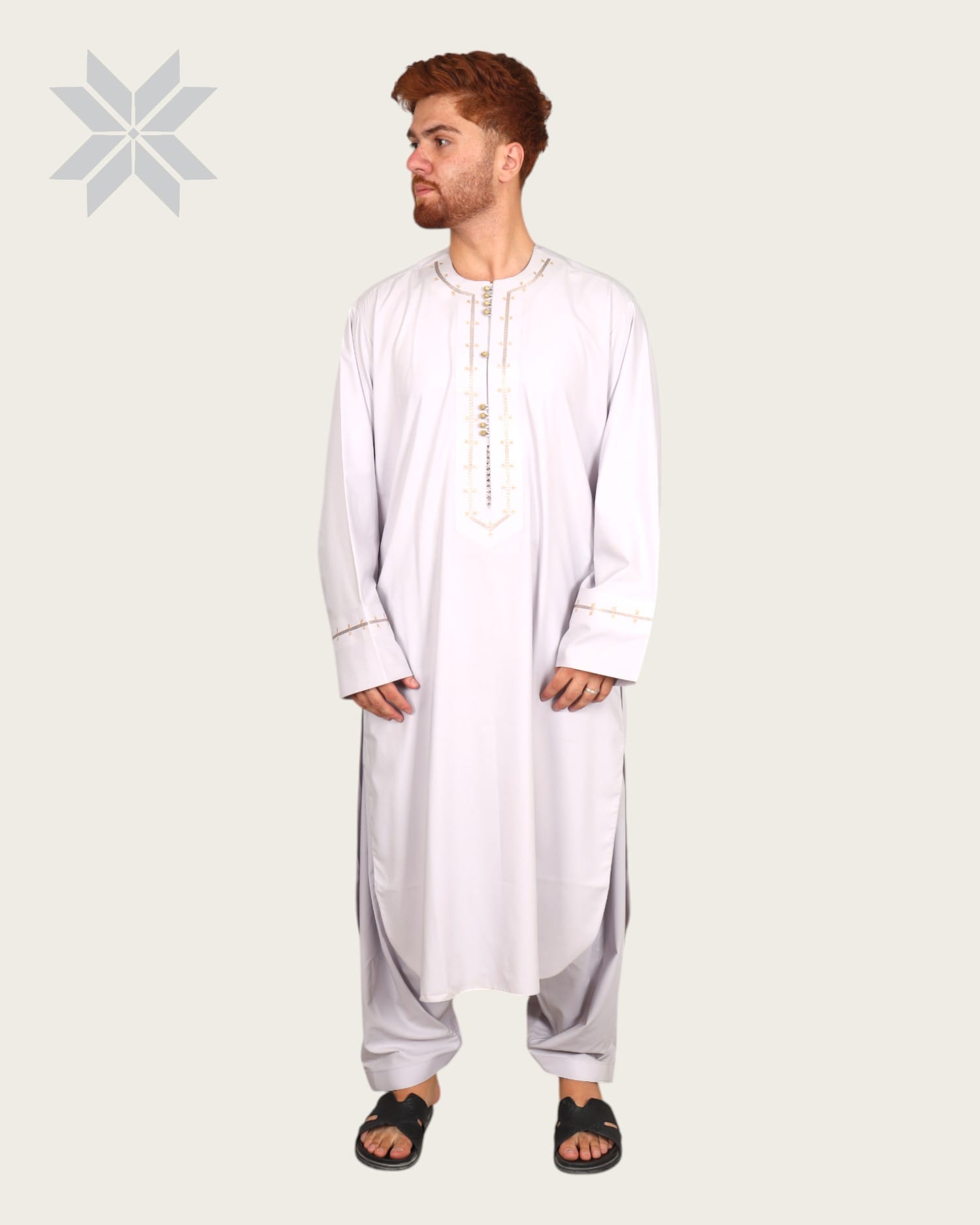 Classic White Men’s Arabic-Style Outfit with Subtle Embroidery