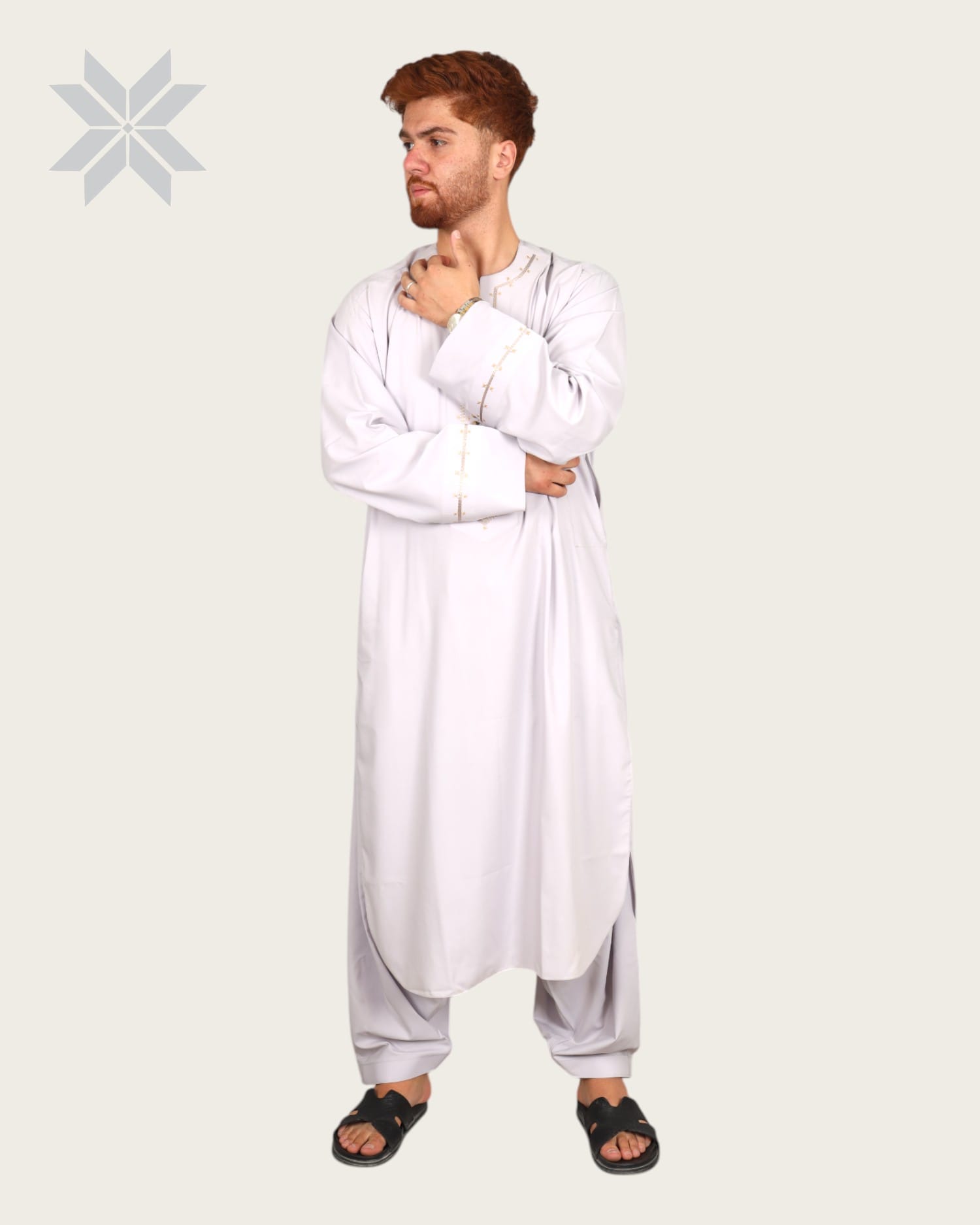 Classic White Men’s Arabic-Style Outfit with Subtle Embroidery